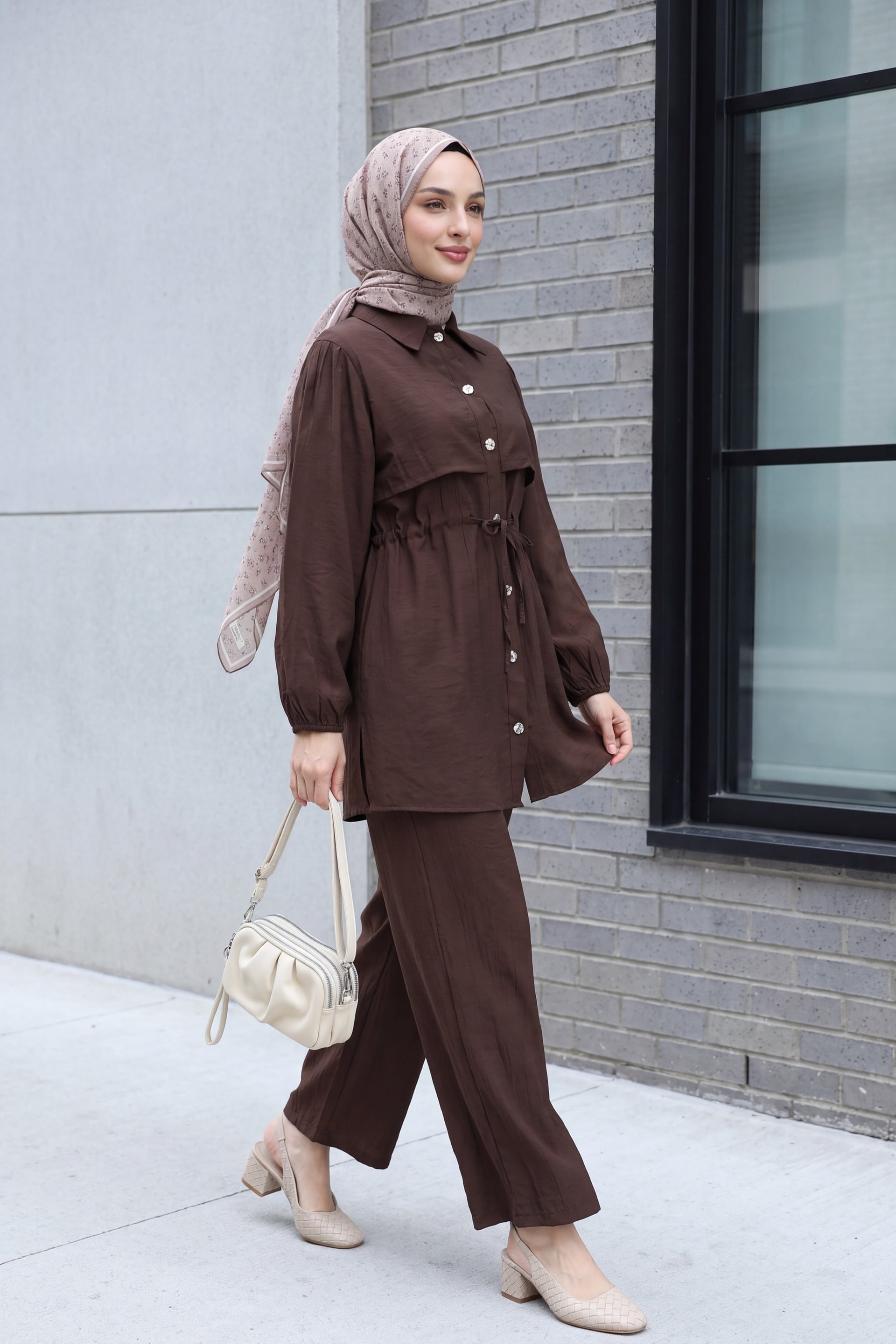 Tunel Drawstring Tunic and Trousers Set - Dark Brown - Podyumplus - by Peralane - photo 3