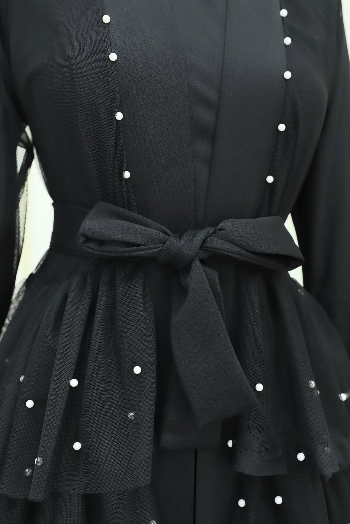 Layered Pearl-Embellished Tulle Abaya Set - Black - Podyumplus - by Peralane - photo 5