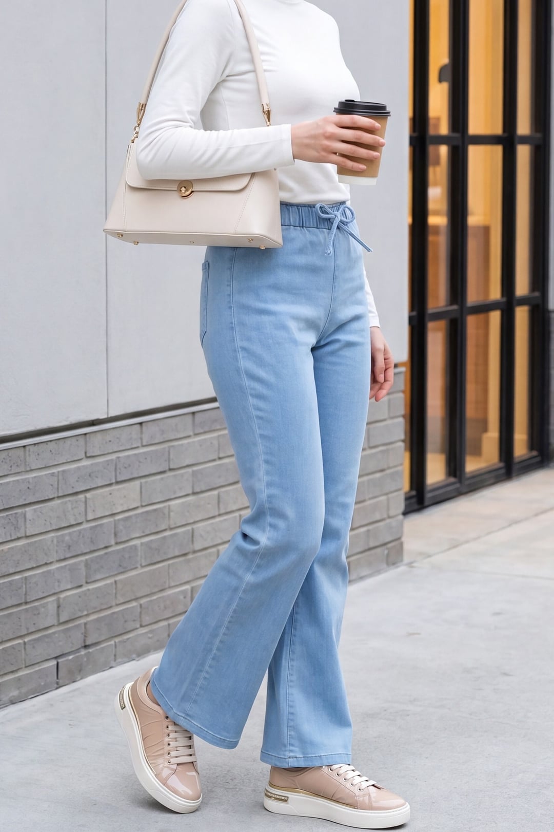 Light Blue High-Waist Flared Drawstring Denim Trousers - Podyumplus - by Peralane