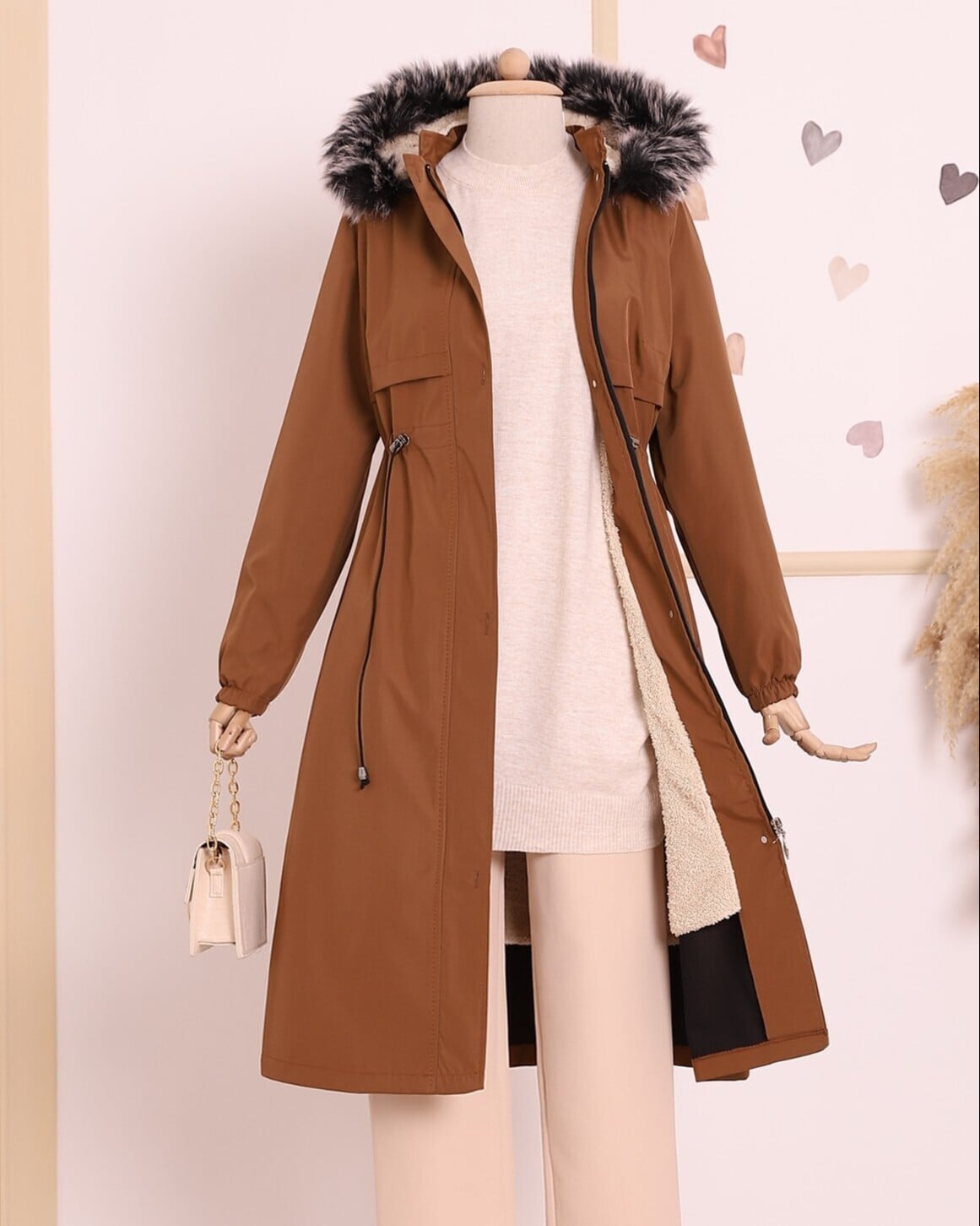 Women's Taba Long Drawstring Hooded Coat with Faux Fur Trim - Podyumplus - by Peralane - photo 4