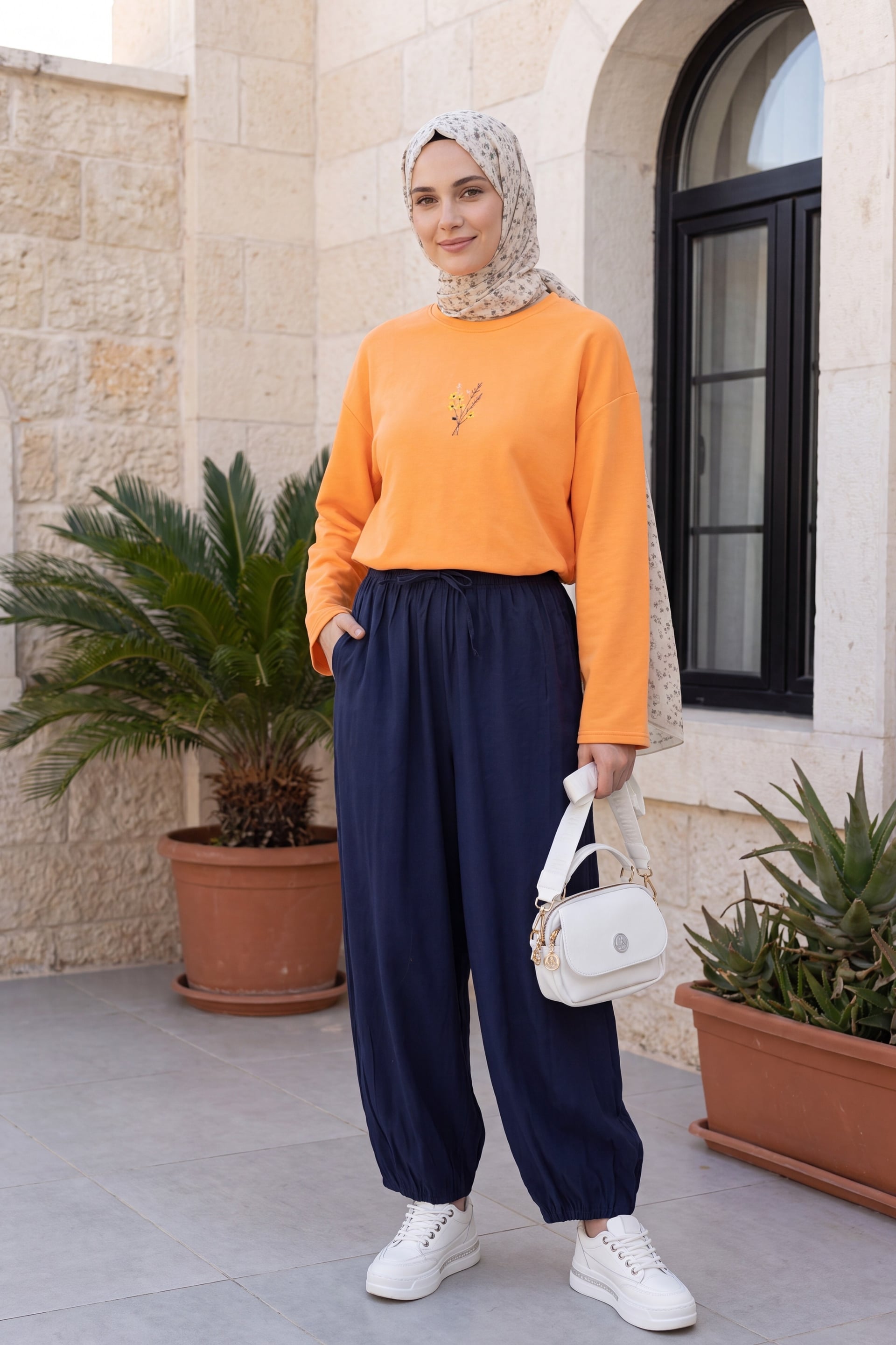 Navy Blue Drawstring Wide-Leg Trousers with Elasticated Cuffs - Podyumplus - by Peralane - photo 6