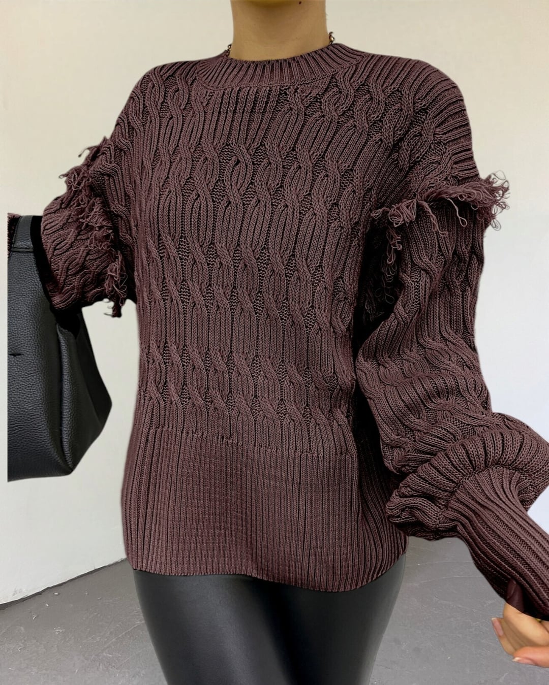 Brown Cable-Knit Sweater with Fringed Shoulders - Podyumplus - by Peralane - photo 3
