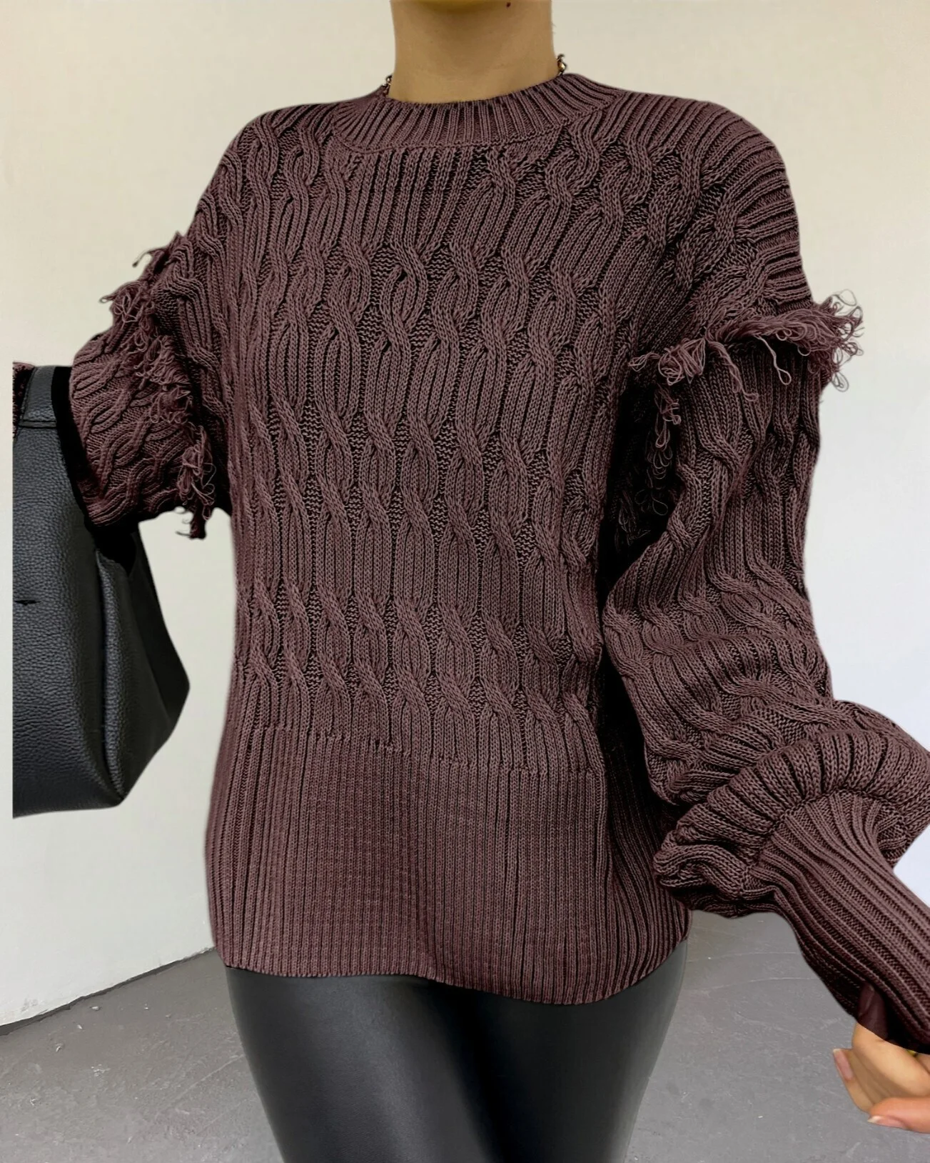 Brown Cable-Knit Sweater with Fringed Shoulders - Podyumplus - by Peralane - photo 3