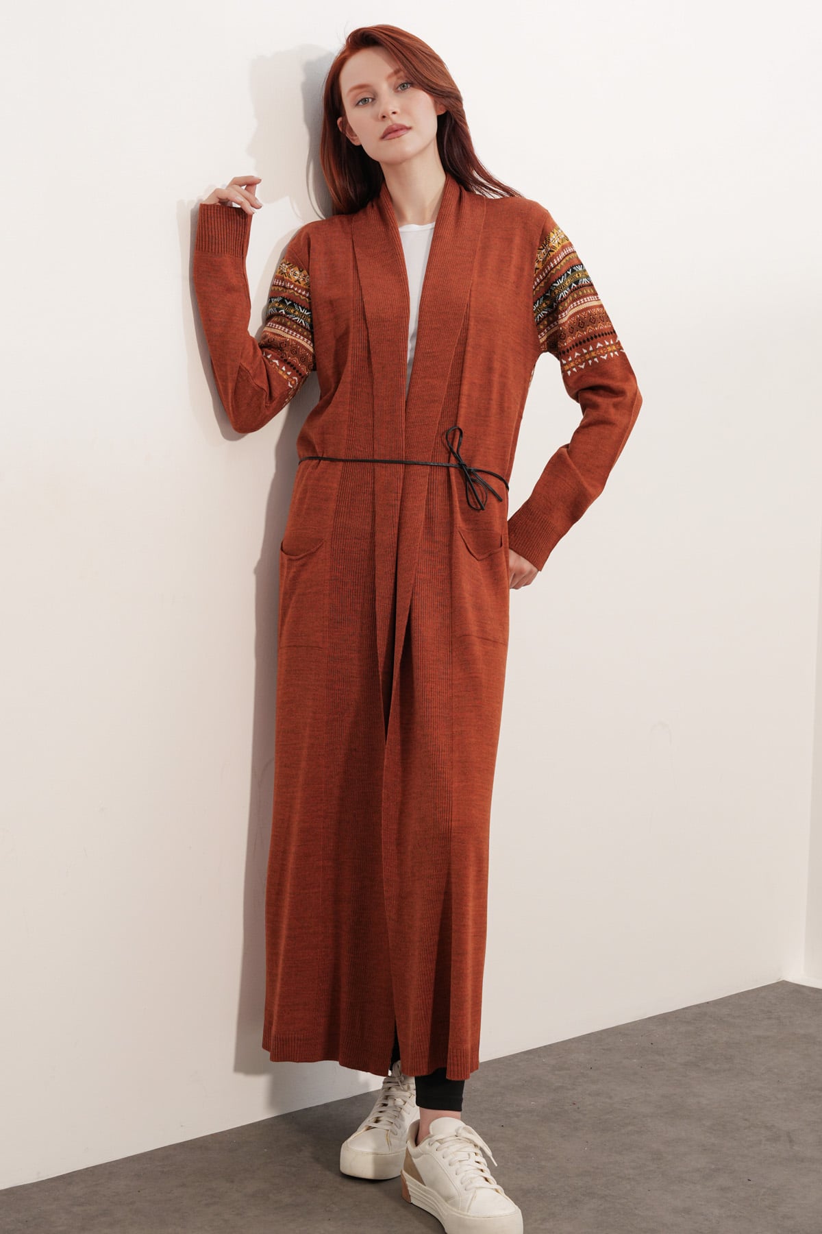 Long Knit Cardigan with Belt - Rust - Bigdart - by Peralane - photo 6