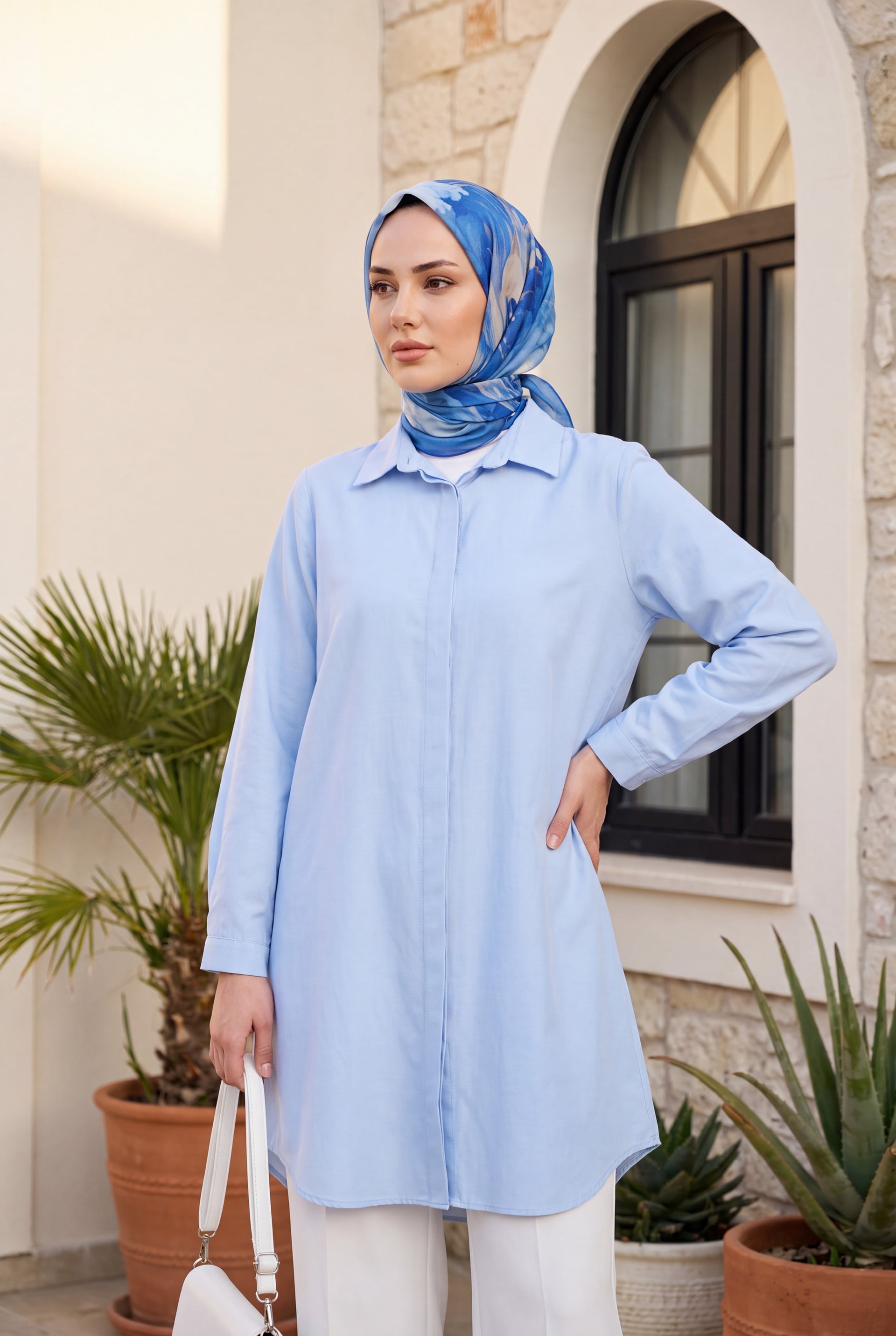 Hidden Button Oval Cut Long Shirt - Baby Blue - Podyumplus - by Peralane