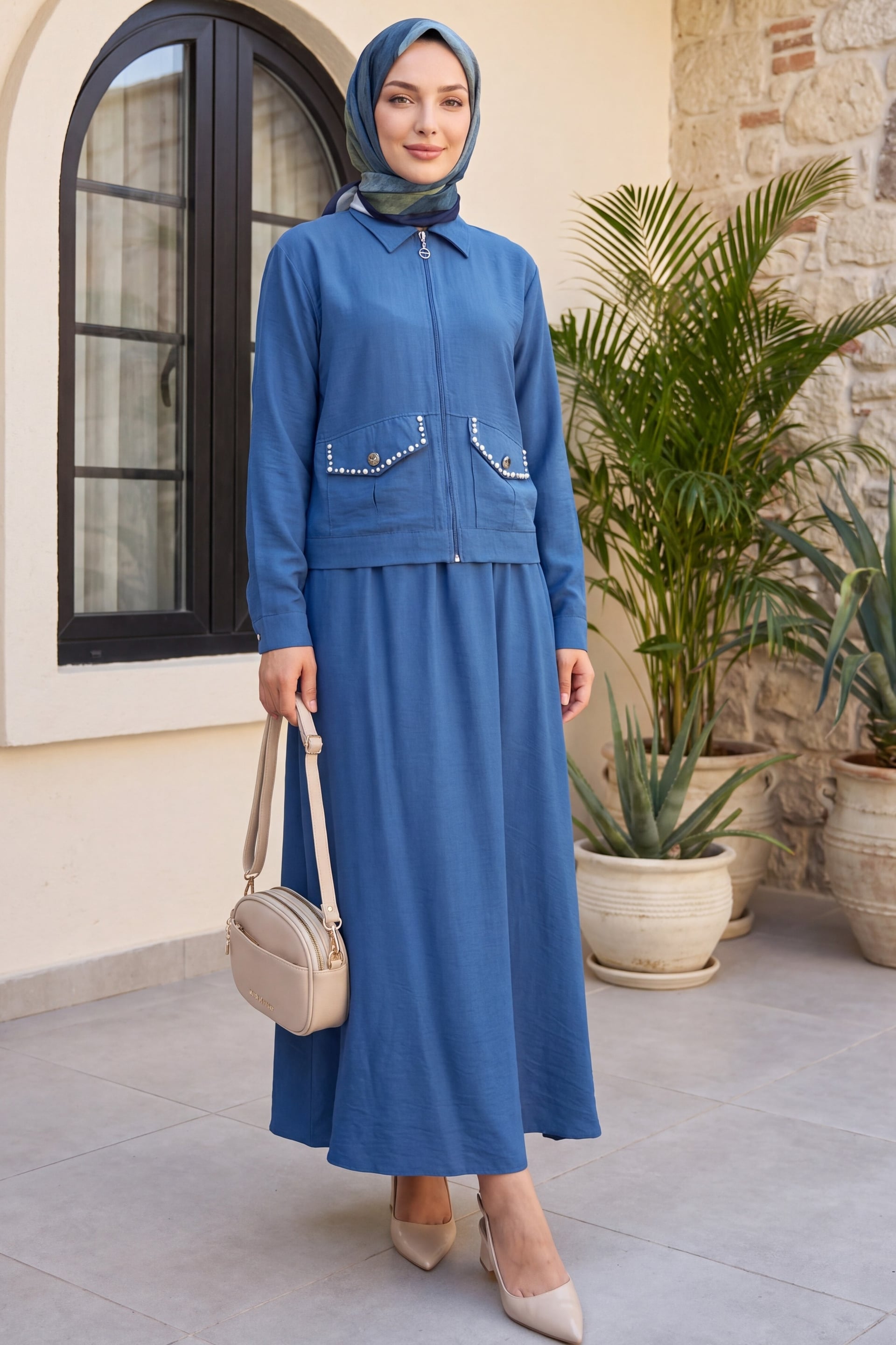 Zip-Front Jacket with Elastic-Waist Skirt Set - Blue - Podyumplus - by Peralane - photo 2
