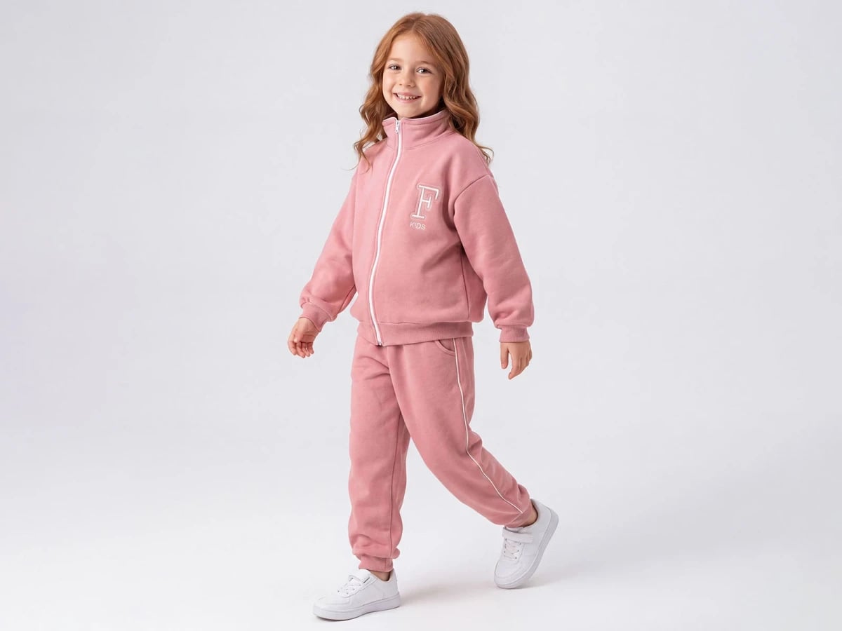 Girls' Fleece Zip-Up Tracksuit Set with Embroidery - Pink - Feely Kids - by Peralane