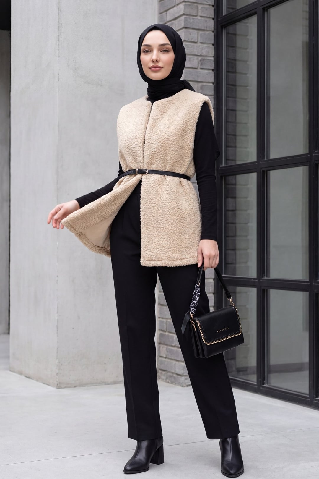 Beige Belted Lined Plush Vest - Podyumplus - by Peralane - photo 4