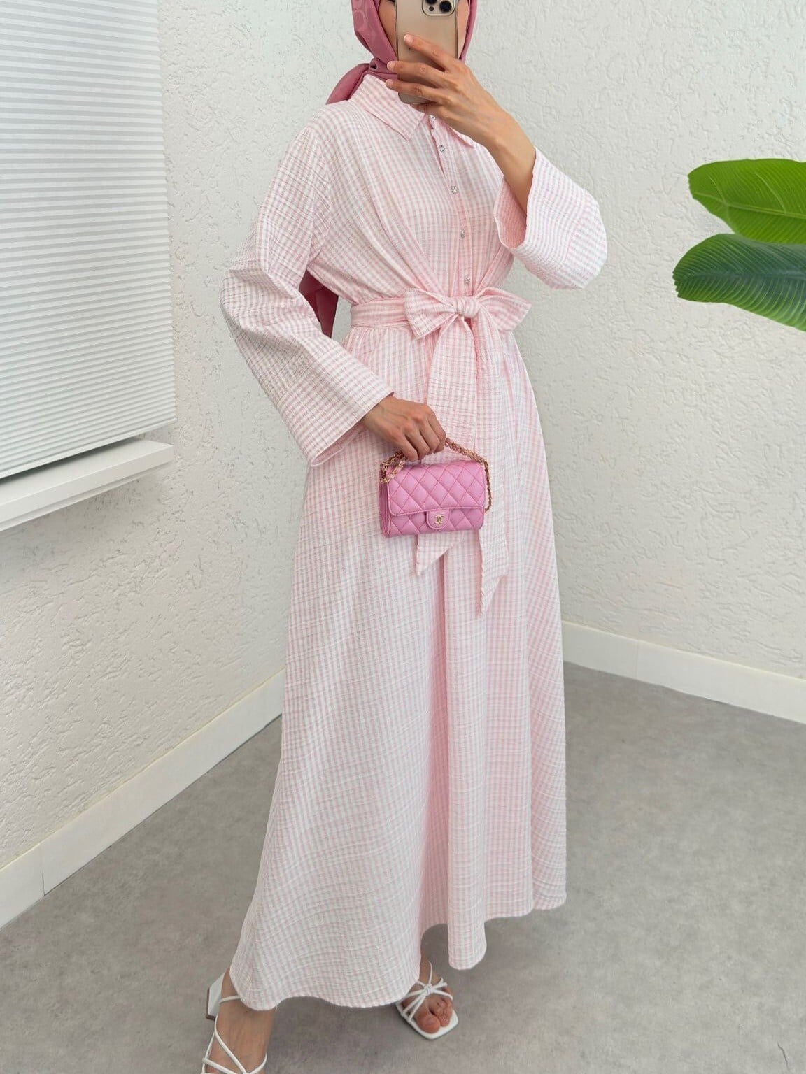 Half-Button Self-Tie Belt Striped Dress - Powder - Podyumplus - by Peralane - photo 4