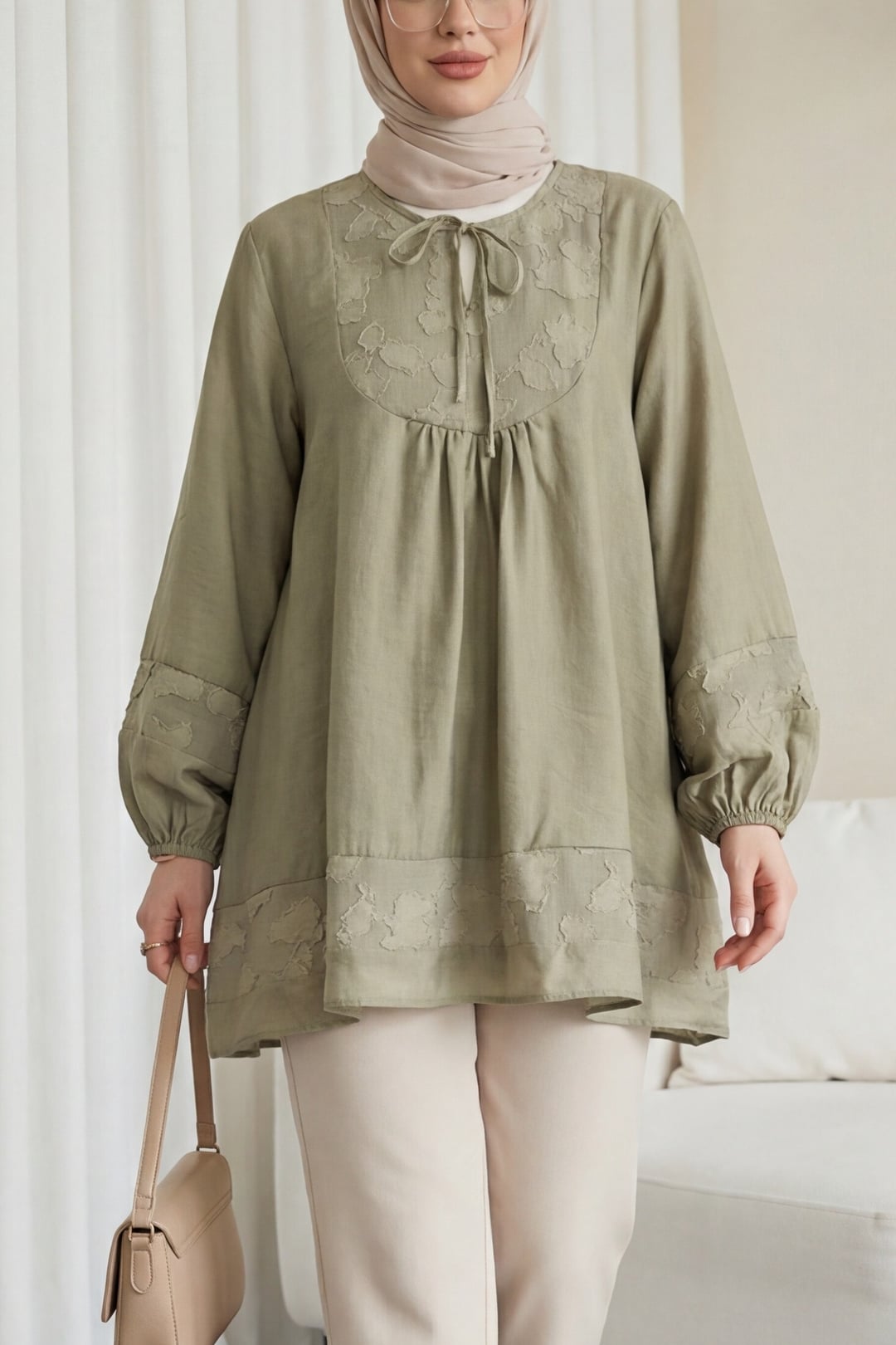 Olive Green Tie Neck Modal Tunic with Balloon Sleeves - Podyumplus - by Peralane