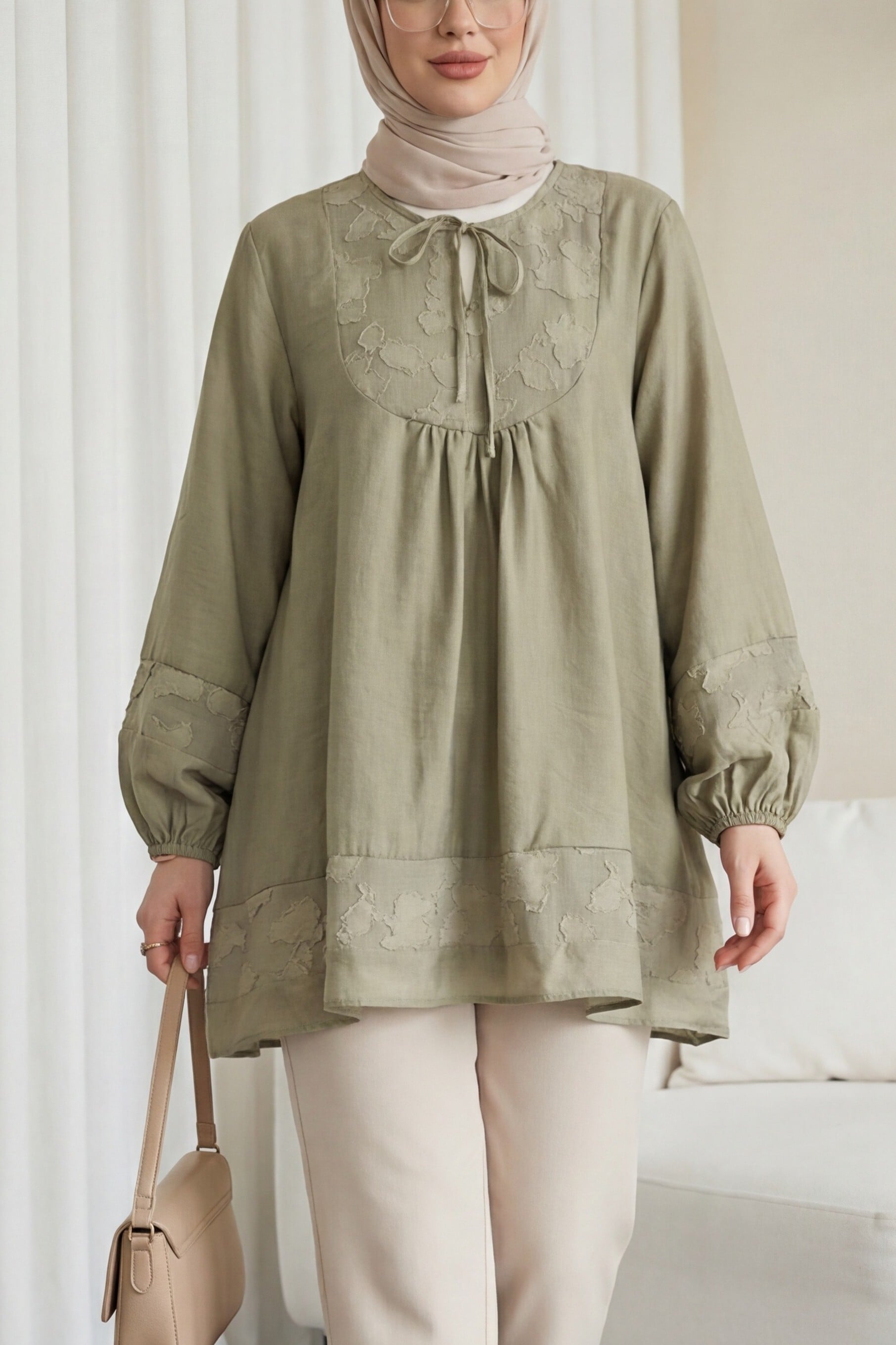 Olive Green Tie Neck Modal Tunic with Balloon Sleeves - Podyumplus - by Peralane