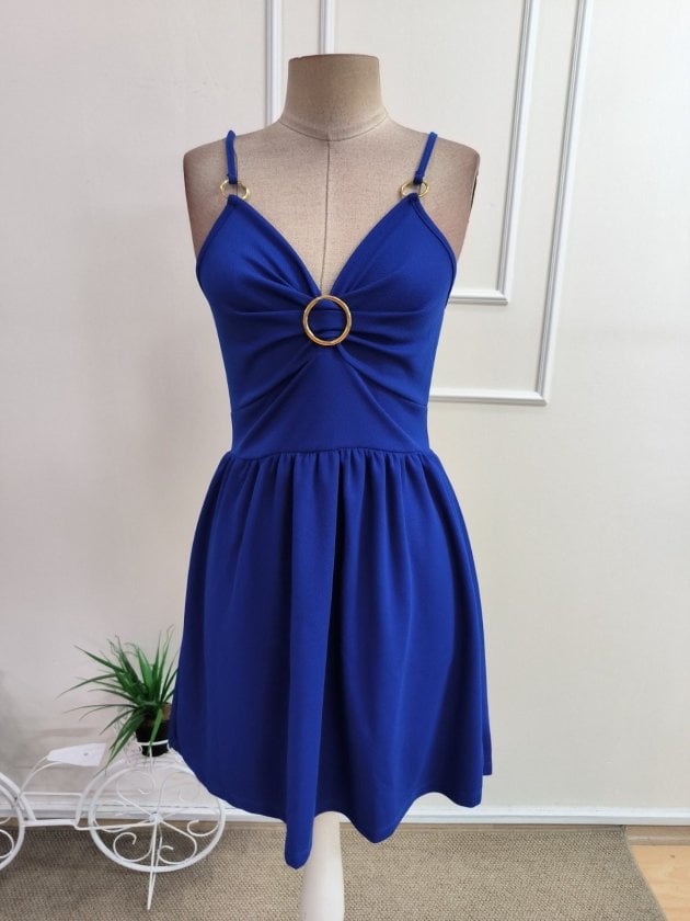 Women's Spaghetti Strap V-Neck Ring Detail Short Crepe Dress - Janes - by Peralane - photo 4