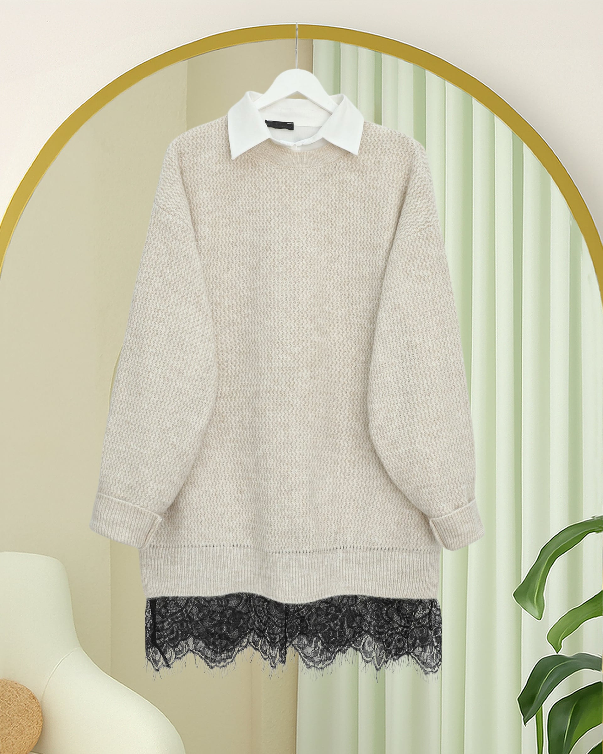 Knit Sweater with Lace Trim Skirt - Cream - Podyumplus - by Peralane - photo 3
