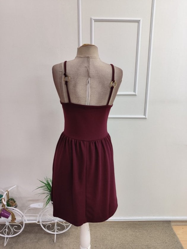 Women's Burgundy Strappy Heart Neckline Ring Detail Short Crepe Dress - Janes - by Peralane - photo 5