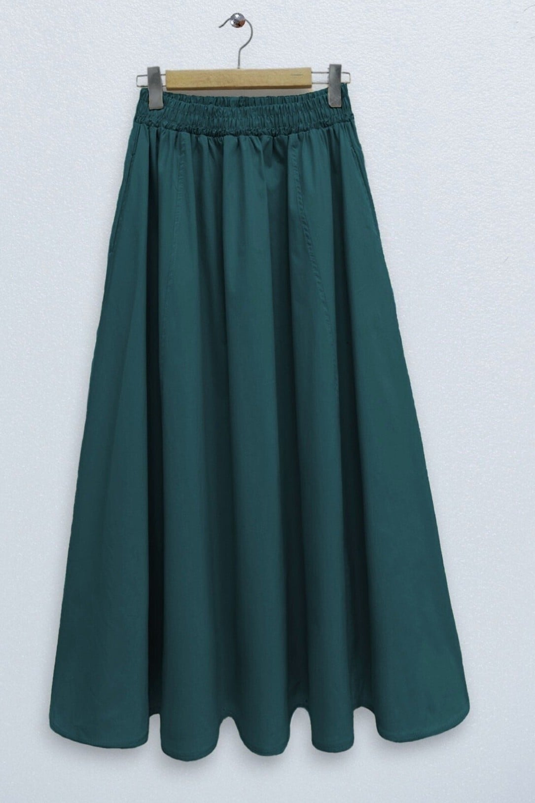 Elasticated Waist Poplin A-Line Skirt with Pockets - Emerald Green - Podyumplus - by Peralane - photo 4