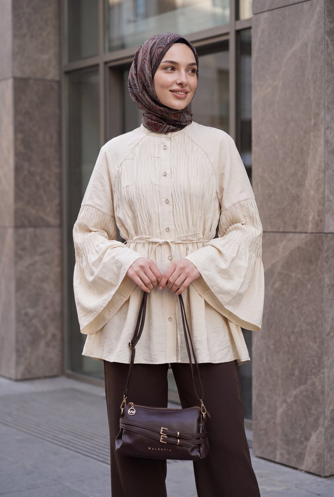 Stone-Coloured Spanish Sleeve Tunic with Stone Buttons and Belt - Podyumplus - by Peralane - photo 3