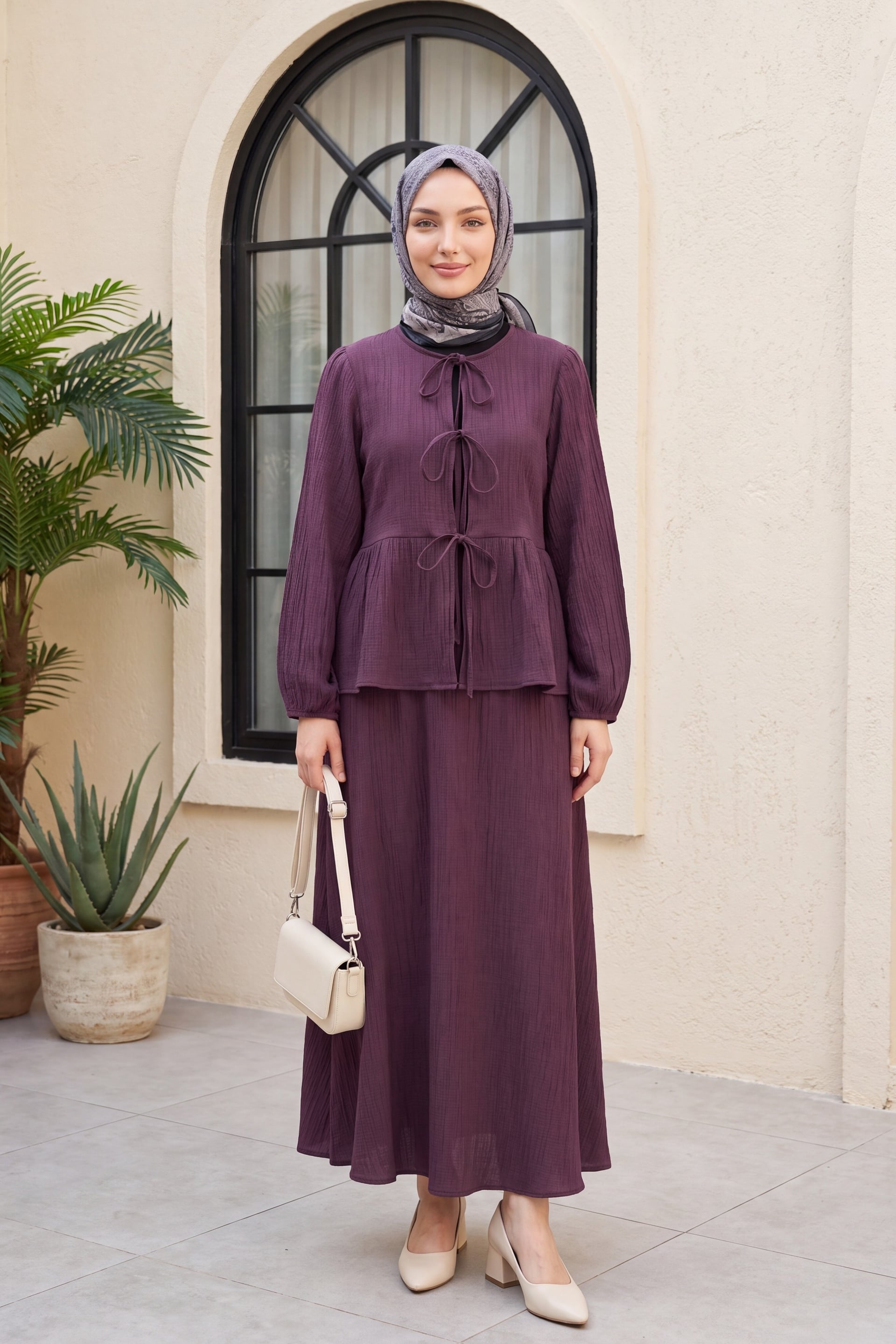 Front Tie, Elasticated Sleeve, Crinkled Two-Piece Set with Tunic and Maxi Skirt | Deep Plum - Podyumplus - by Peralane