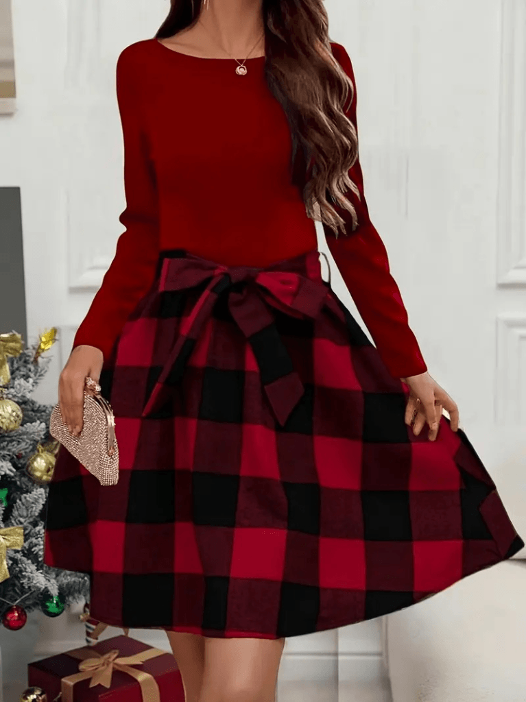 Women's Long-Sleeve Round Neck Top with Plaid Skirt Dress - Janes - by Peralane - photo 12