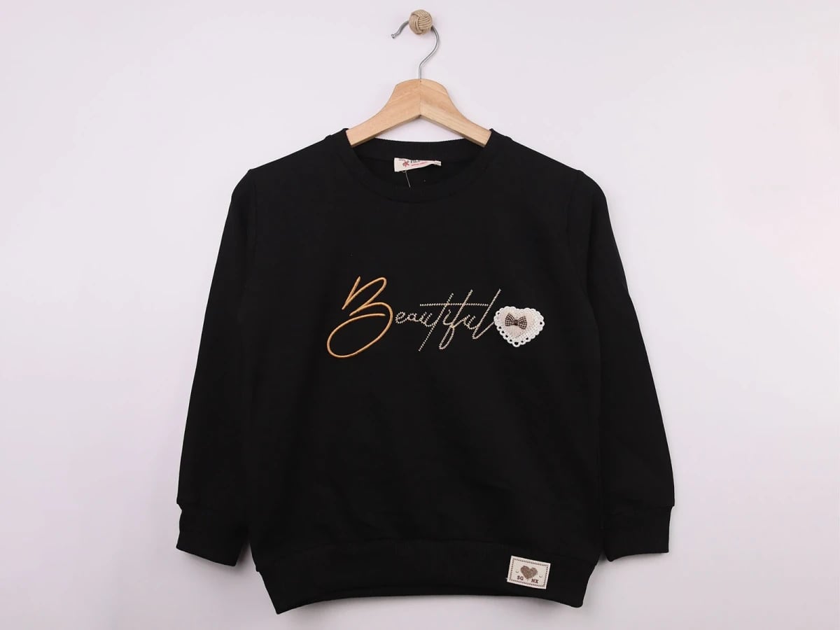 Beautiful Embroidered Bow Girls Sweatshirt - Black - Star File - by Peralane