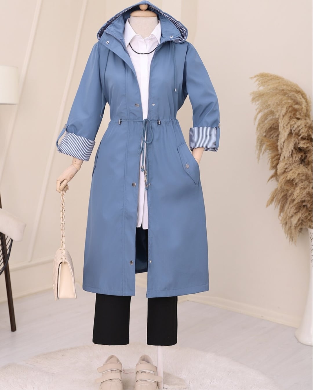 Striped Lined Hooded Trench Coat in Indigo - Podyumplus - by Peralane - photo 7