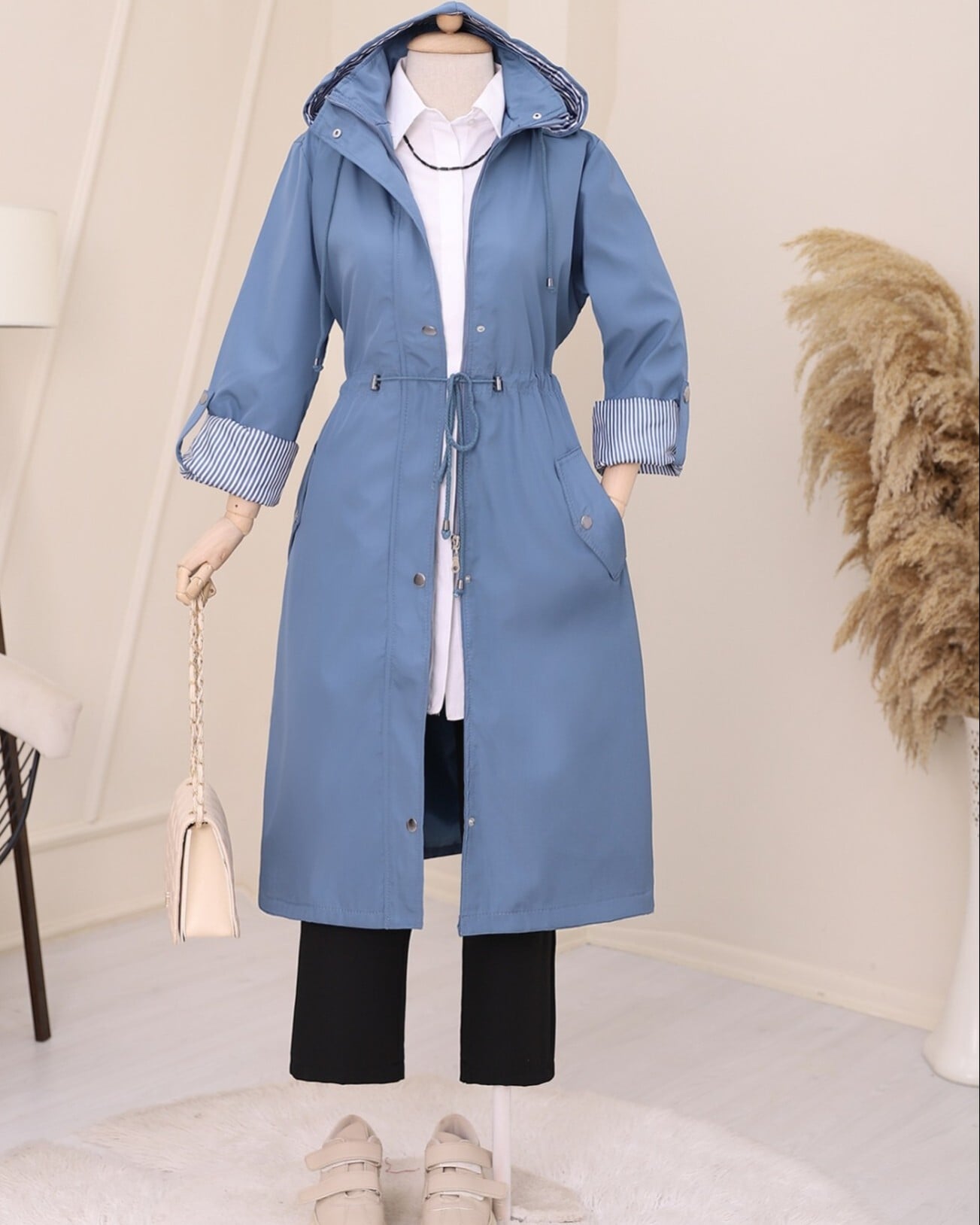 Striped Lined Hooded Trench Coat in Indigo - Podyumplus - by Peralane - photo 7