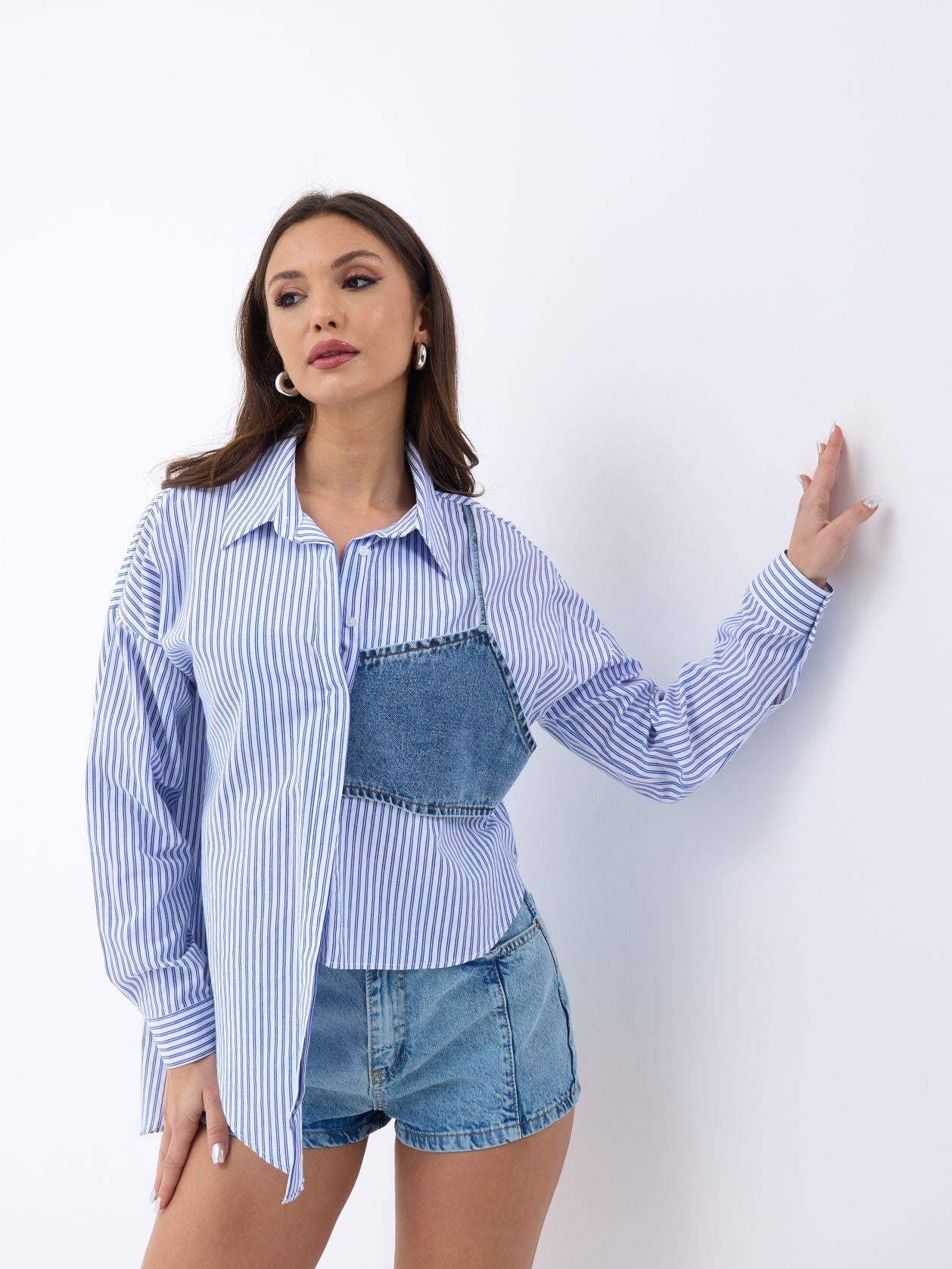 Women's Blue and White Striped Denim Overlay Blouse - Fame - by Peralane - photo 4