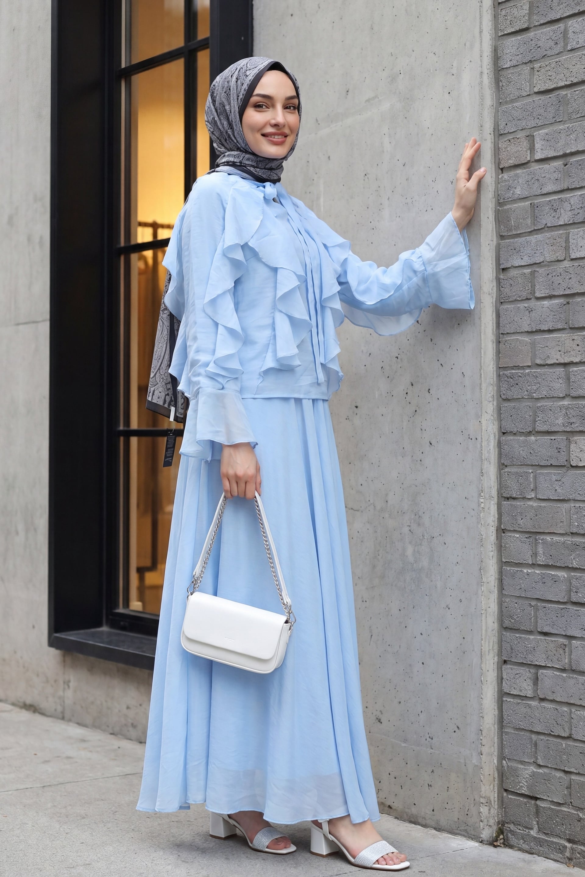 Tie-Front Ruffled Lined Tulle Modal Two-Piece Set in Baby Blue - Podyumplus - by Peralane