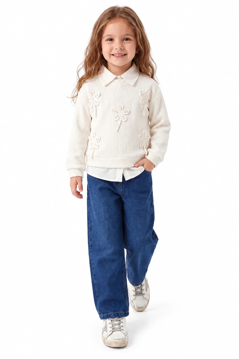 Girls' 3-Piece Set with Sweater - Cream - Has Bereket - by Peralane