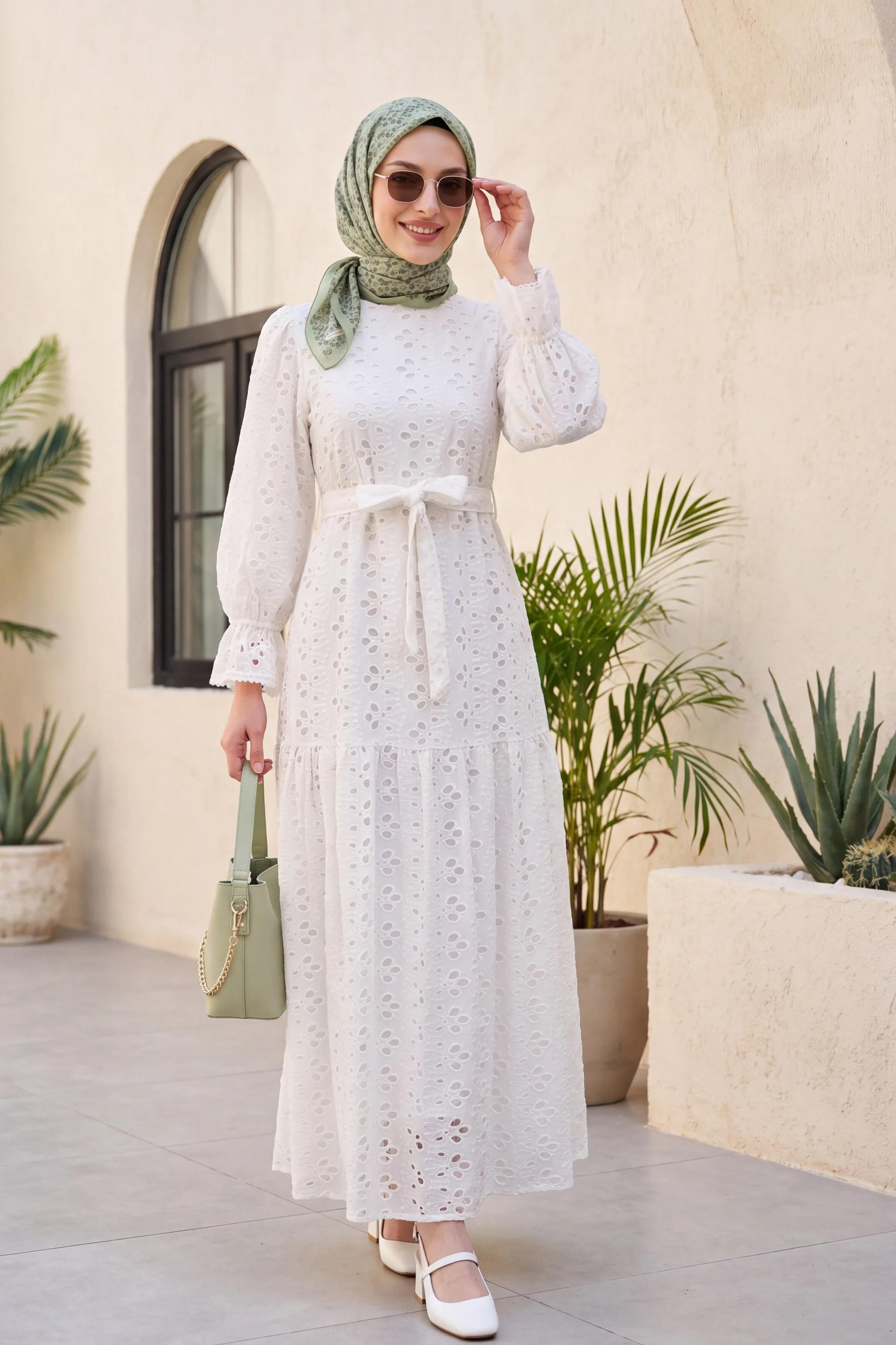 White Linen Look Long Dress with Scoop Neck and Scalloped Details - Podyumplus - by Peralane