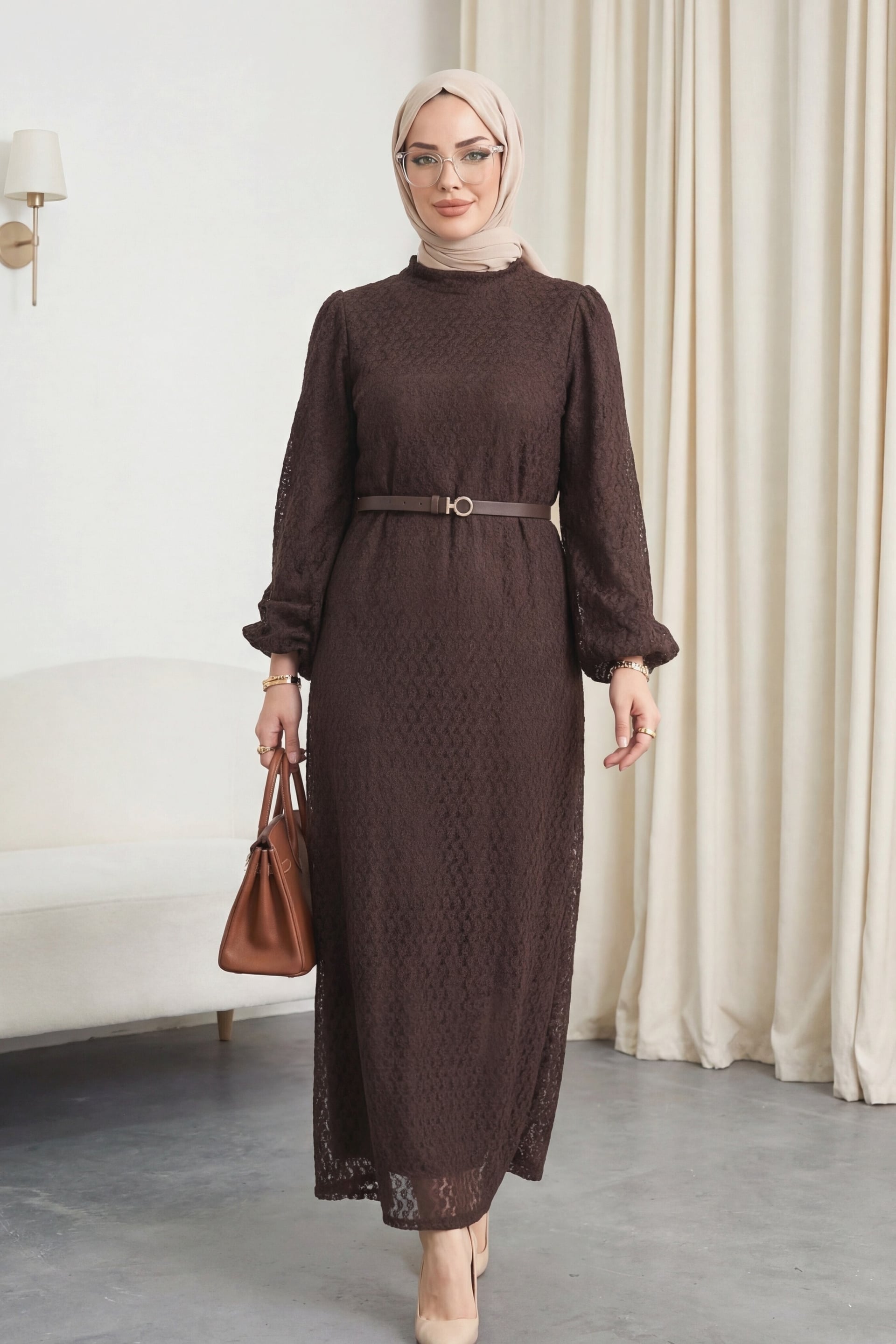 Brown Long-Sleeved Lace Dress with High Neck and Belt - Podyumplus - by Peralane