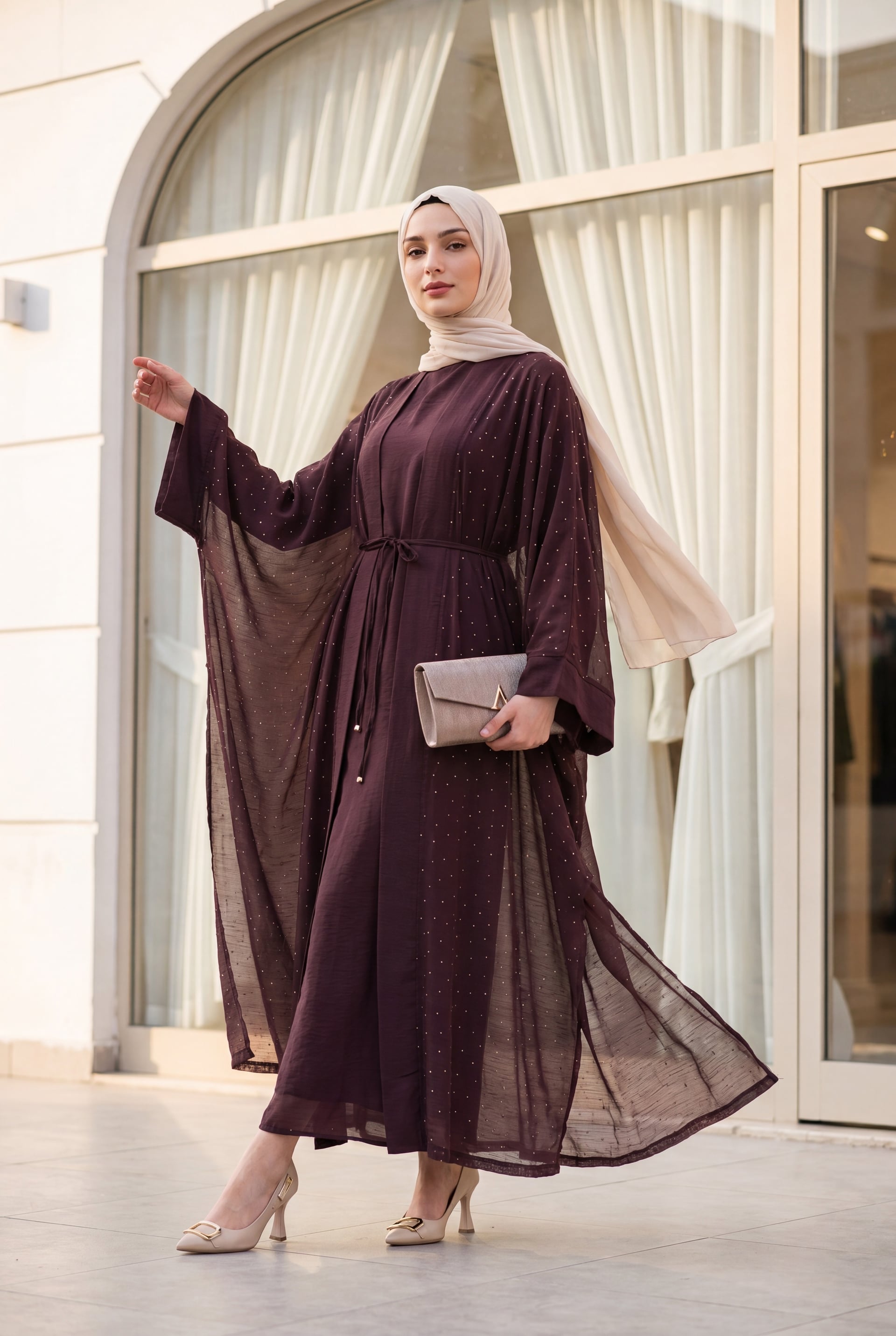 Belted Lined Flam Tulle Abaya Set with Inner Dress and Stone Details - Plum - Podyumplus - by Peralane