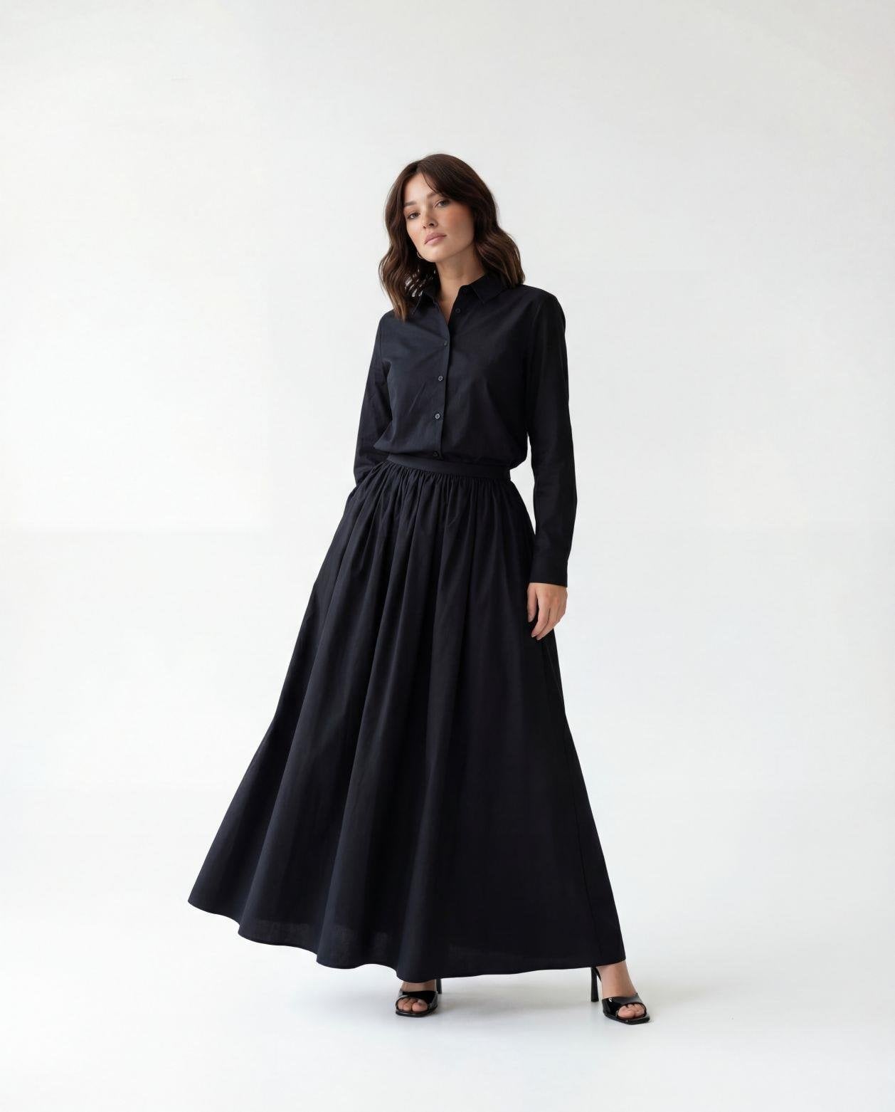 Black Long-Sleeve Shirt and Full Skirt Set - Fame - by Peralane