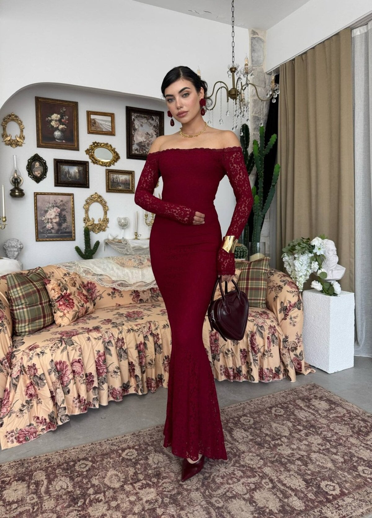 Verun Off-Shoulder Lace Dress in Burgundy - Etika - by Peralane - photo 6