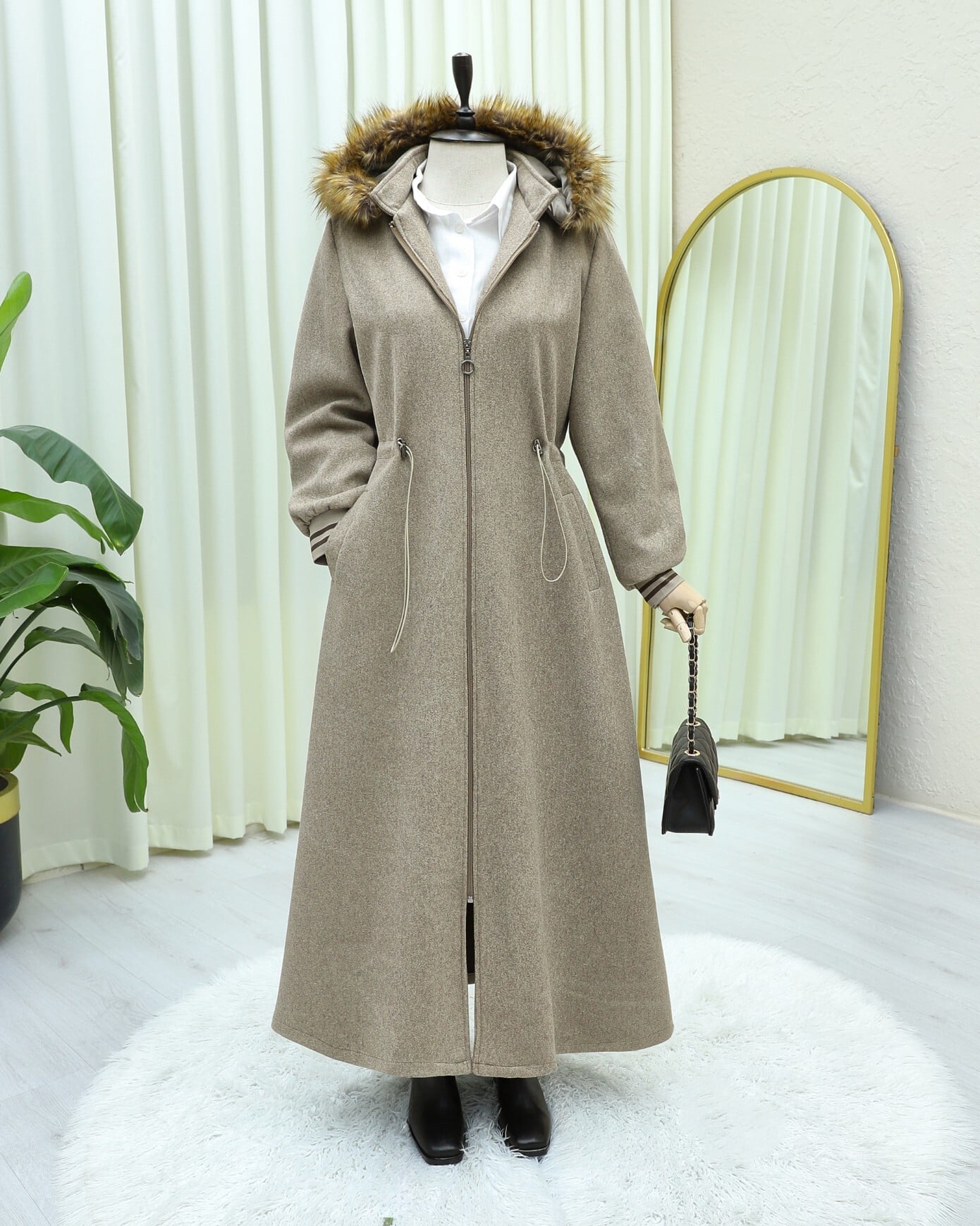 Hooded Faux Fur Trim Wool Blend Coat with Drawstring Waist - Taupe - Podyumplus - by Peralane