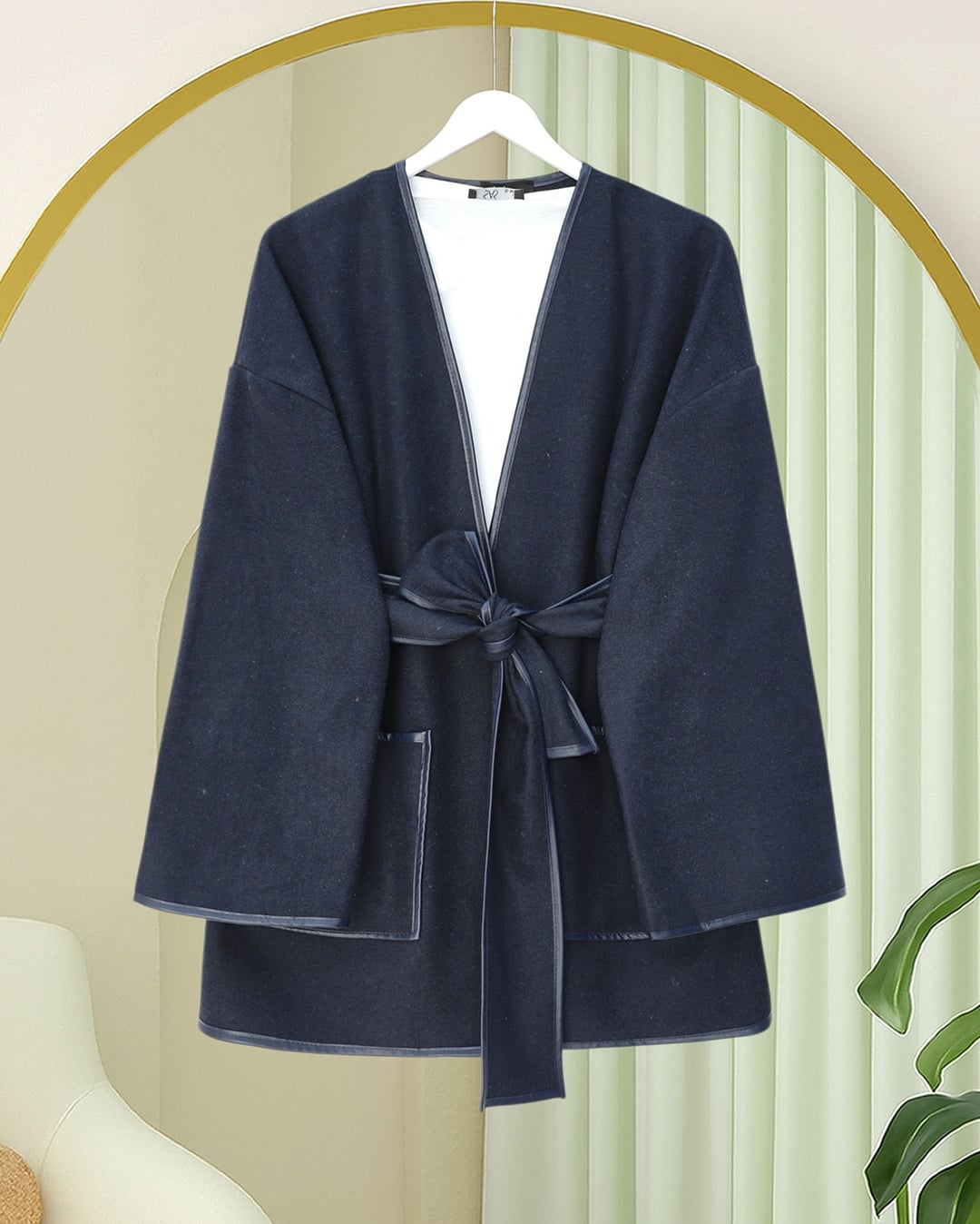 Navy Blue Belted Double Pocket Cashmere Kimono Jacket - Podyumplus - by Peralane - photo 3