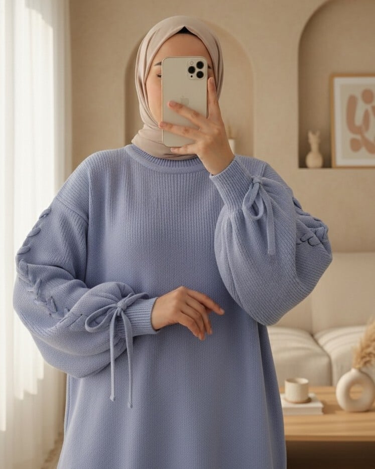 Round Neck Knitted Sweater with Knitted Sleeve Detail - Indigo - Podyumplus - by Peralane - photo 2