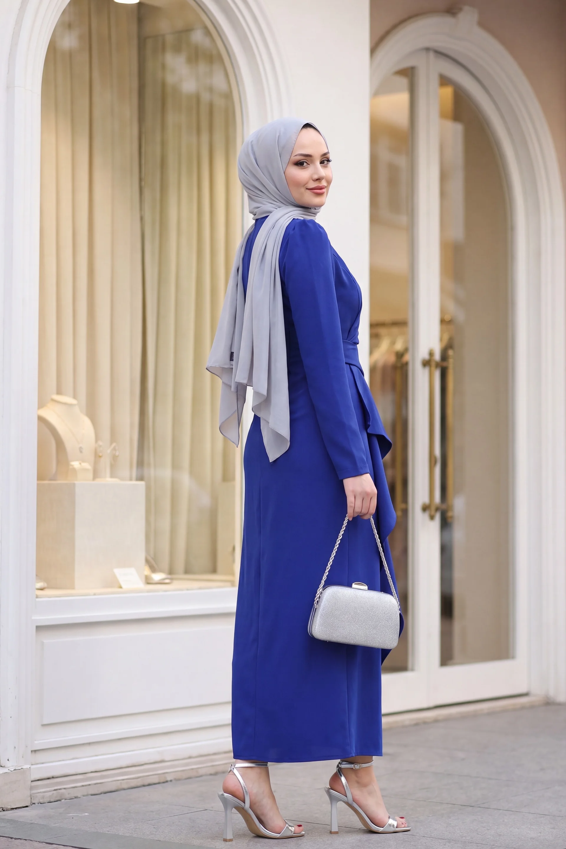 Crew Neck Asymmetric Crepe Dress in Saks - Long Sleeve - Podyumplus - by Peralane - photo 2