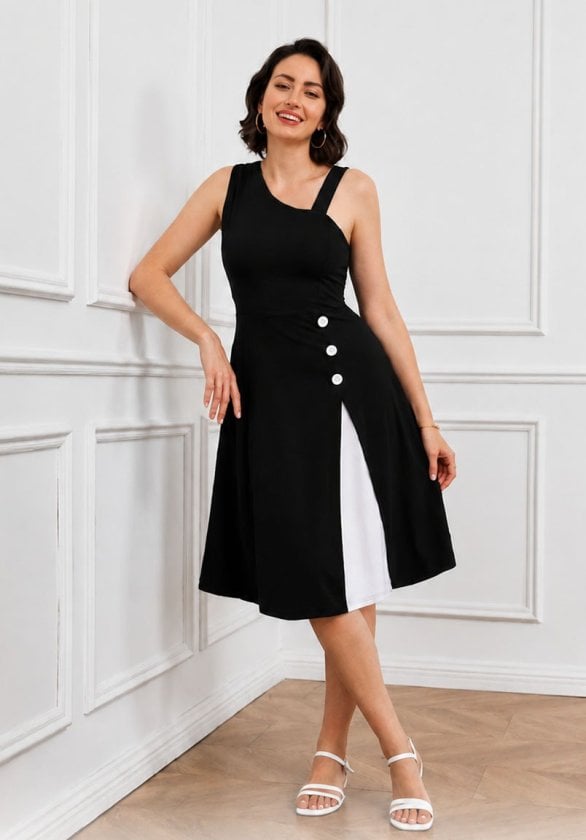 Women's Sleeveless Black Midi Dress with Asymmetrical Neckline and White Panel - Janes - by Peralane