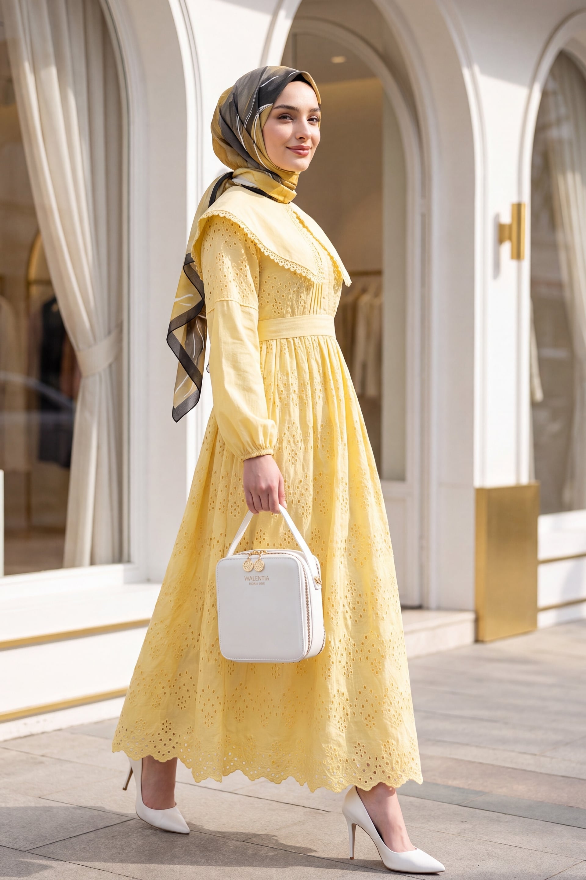 Cape Collar Lace Detail Dress - Yellow - Podyumplus - by Peralane