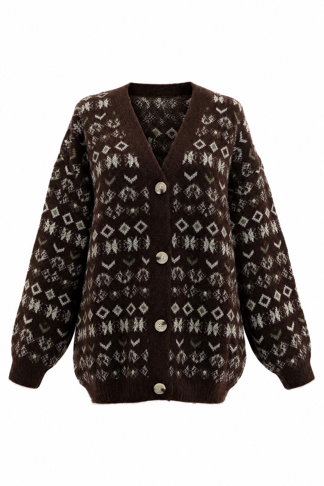 V-Neck Mixed Pattern Buttoned Knit Cardigan - Brown - Podyumplus - by Peralane - photo 4