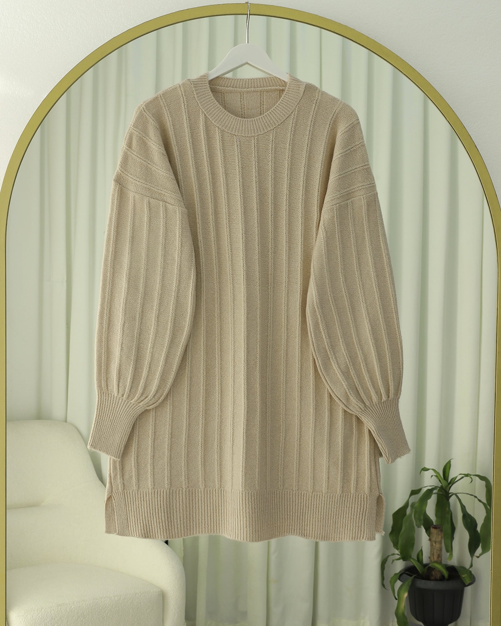 Ribbed Slit Soft Knit Tunic - Light Beige - Podyumplus - by Peralane - photo 3