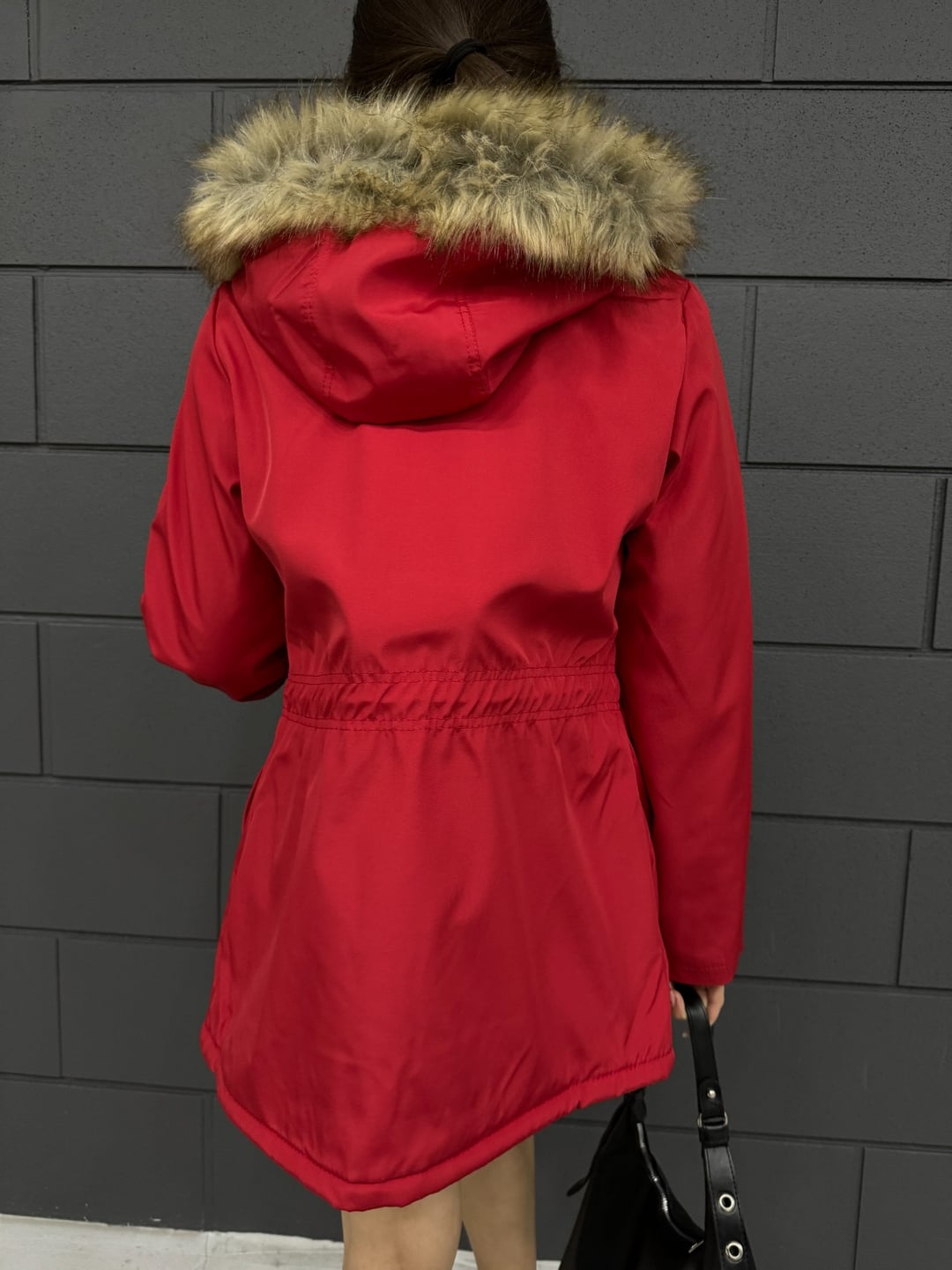 Red Faux Fur Hooded Sherpa-Lined Winter Coat with Bolero Detail - Podyumplus - by Peralane - photo 5