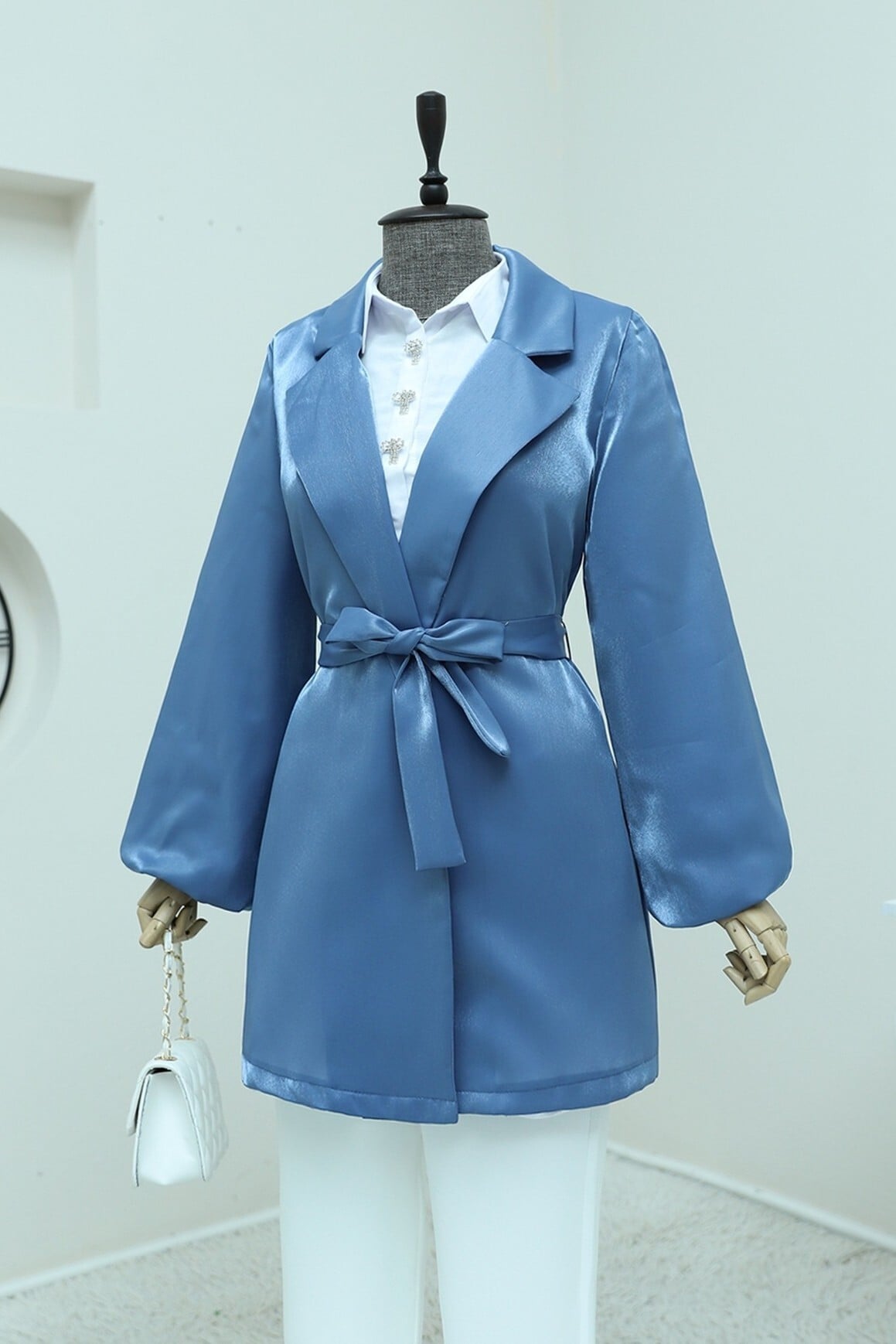 Flounced Sleeve Tie-Belt Satin Jacket in Indigo - Podyumplus - by Peralane