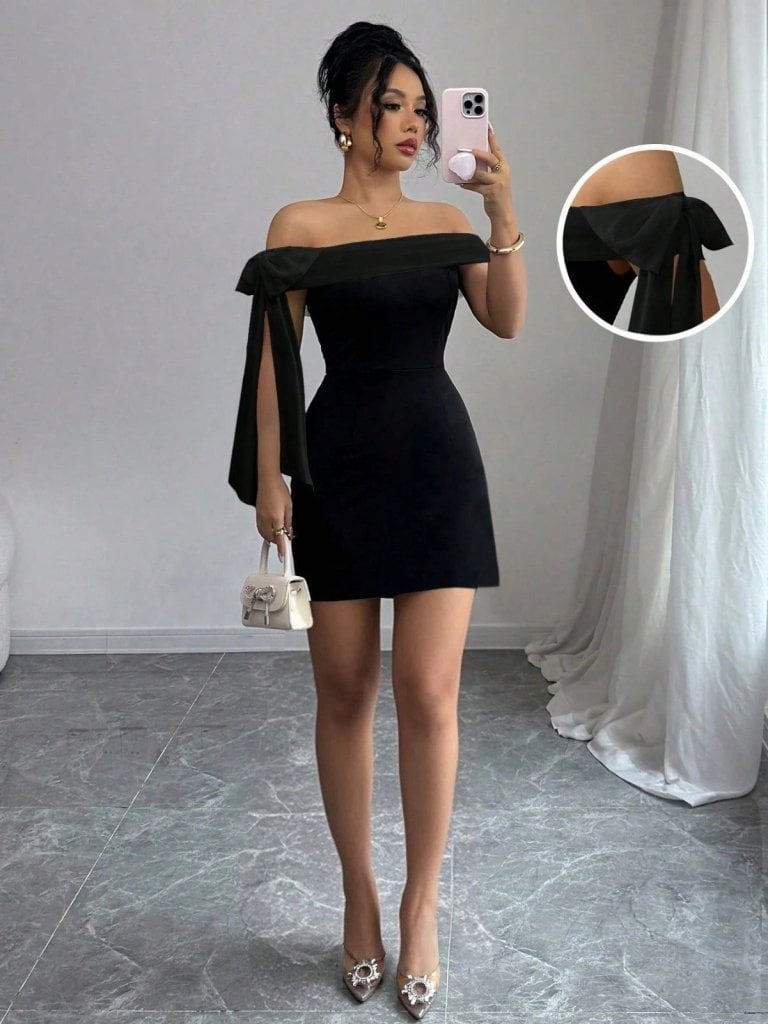 Women's Black Off-Shoulder Bow Detail Short Crepe Dress - Janes - by Peralane