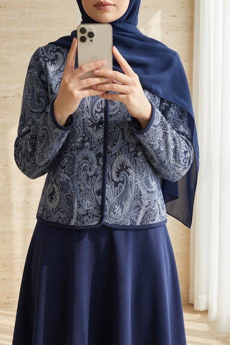 Navy Blue Ethnic Print Scuba Two-Piece Set with Jacket and Skirt - Podyumplus - by Peralane - photo 3