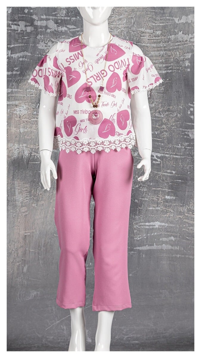 Girls' Two-Piece Top and Trousers Set - Pink and White with Heart Print - Tivido - by Peralane