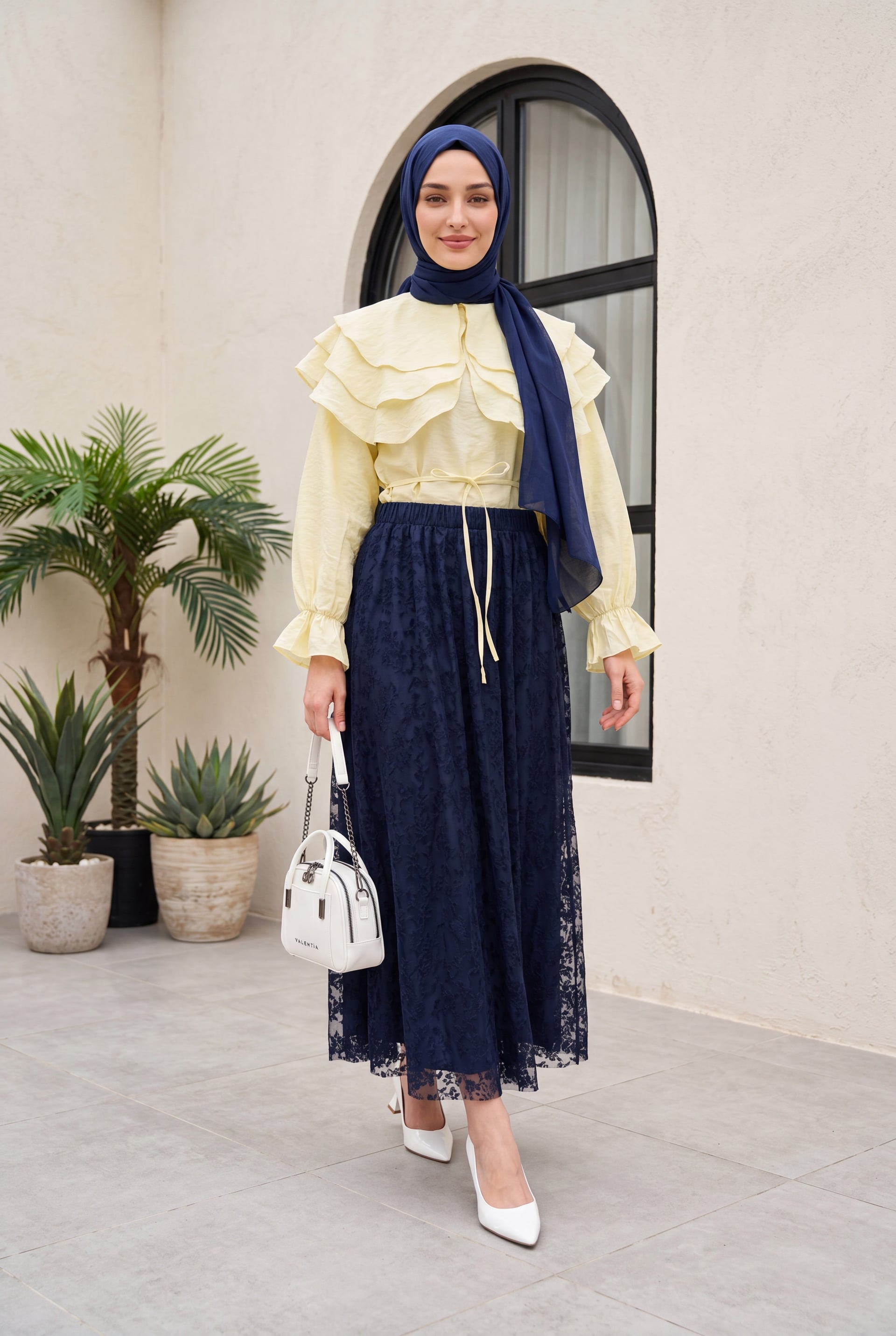 Layered Baby Collar Long-Sleeve Modal Blouse with Elastic Cuffs - Yellow - Podyumplus - by Peralane - photo 3