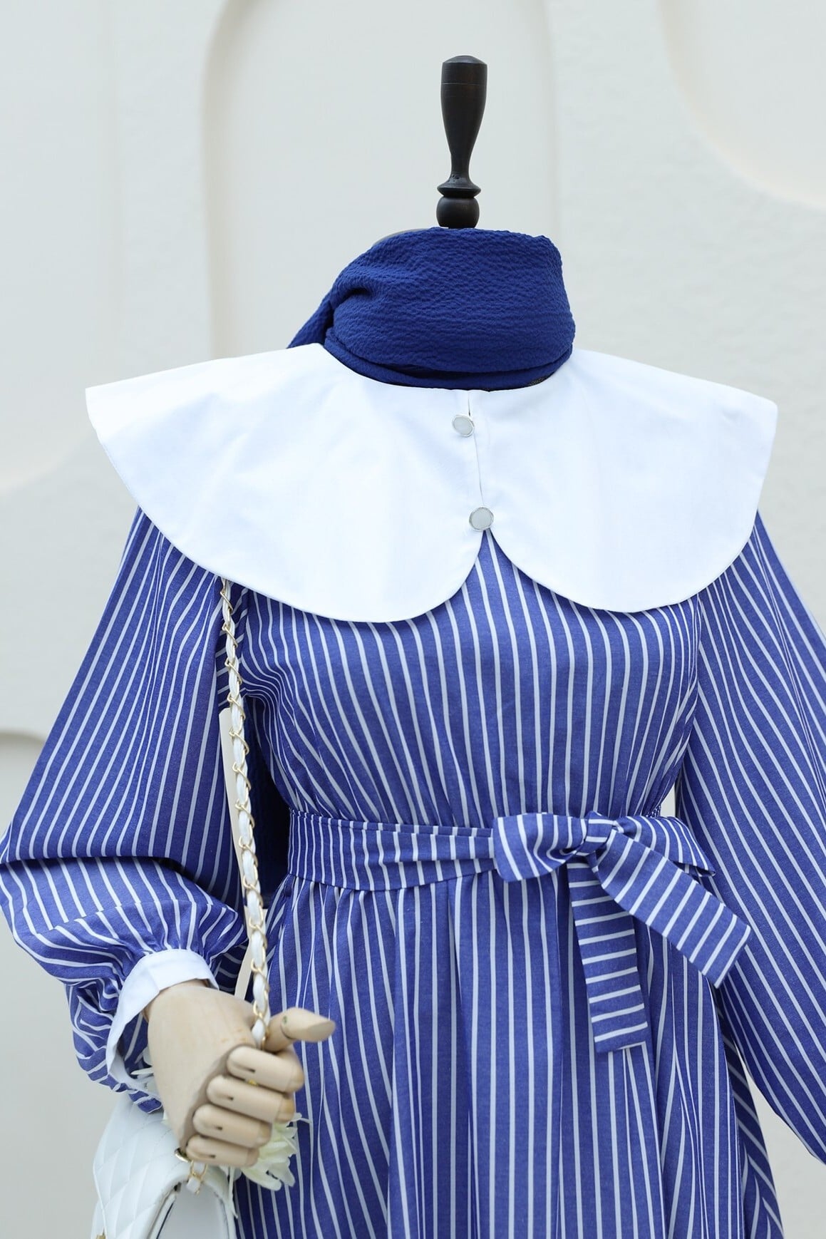 Peter Pan Collar Striped Long Dress with Tie Belt - Navy - Podyumplus - by Peralane - photo 4