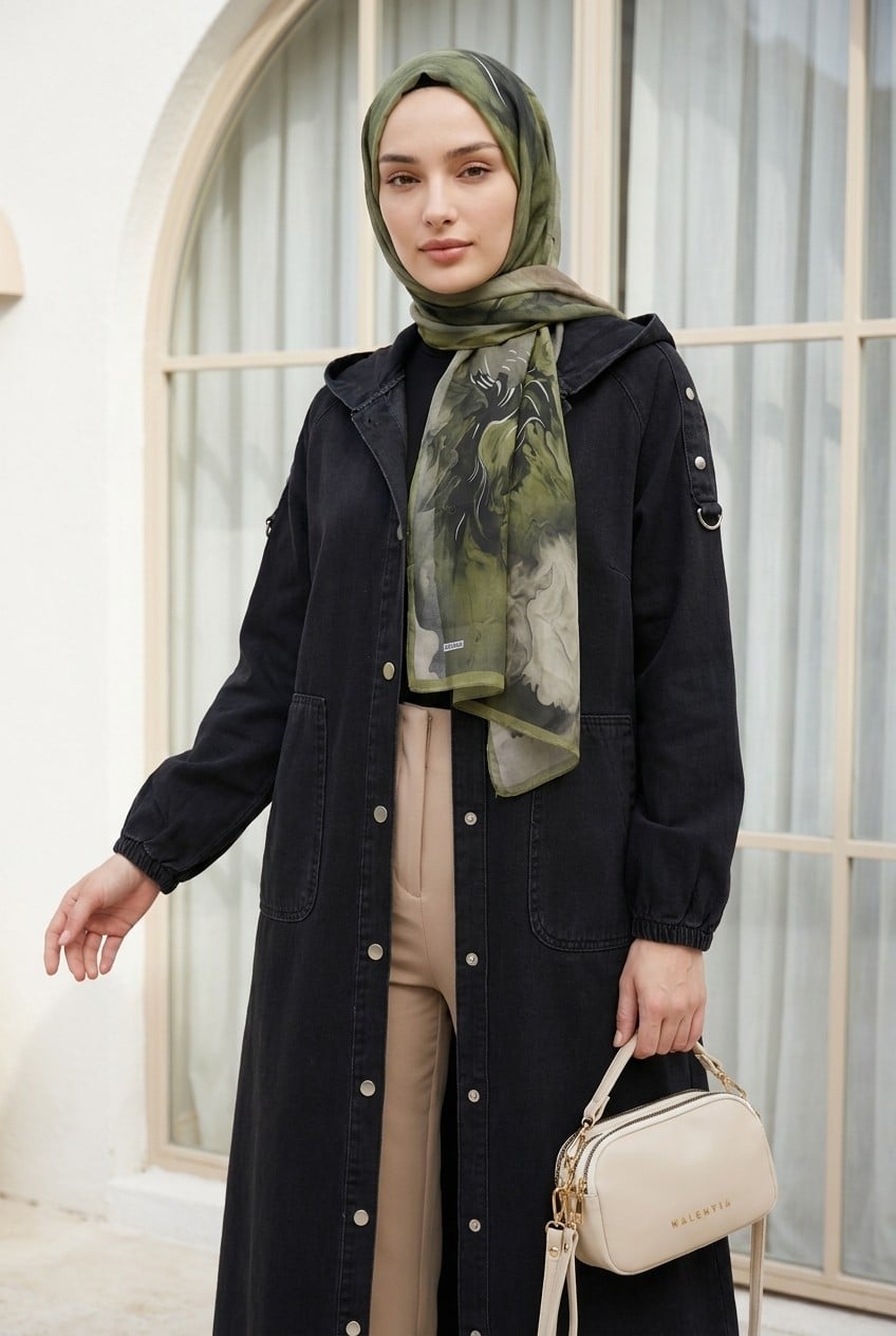 Women's Long Denim Jean Jacket with Hood and Epaulettes - Black - Podyumplus - by Peralane - photo 4