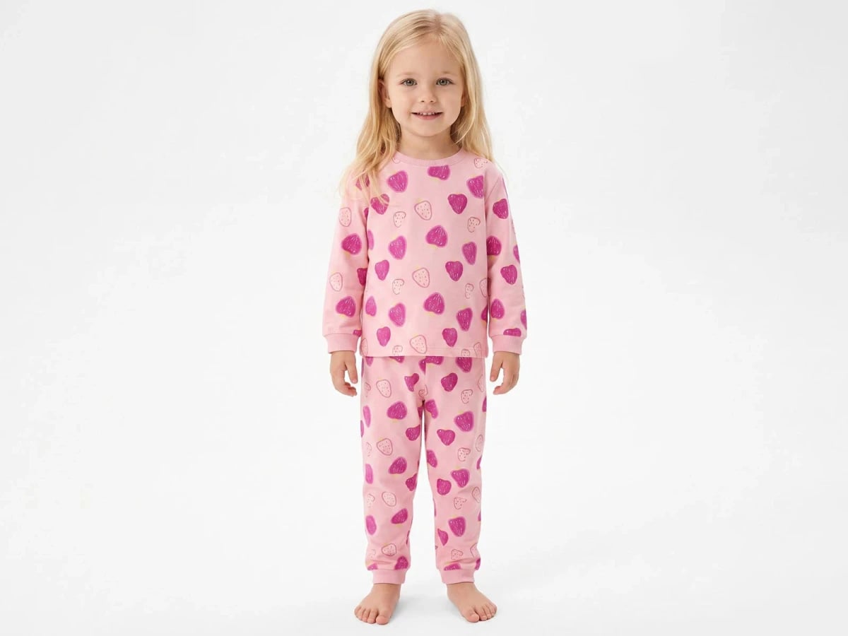 Girl's Strawberry Print Cotton Pyjama Set - Pink - Isobel - by Peralane